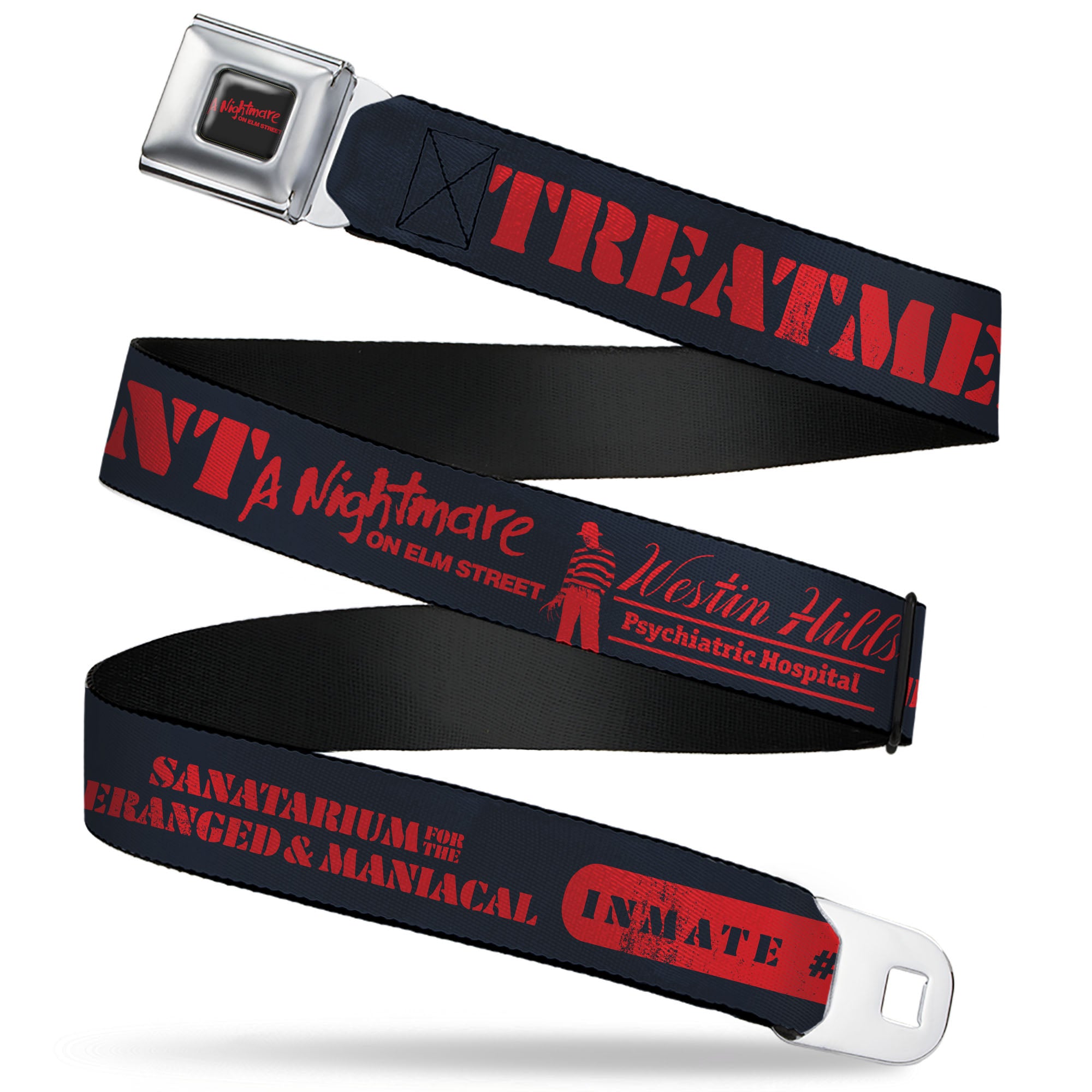 A NIGHTMARE ON ELM STREET Title Logo Full Color Black/Red Seatbelt Belt - A Nightmare on Elm Street Asylum Icons Collage Black/Red Webbing Seatbelt Belts A Nightmare on Elm Street