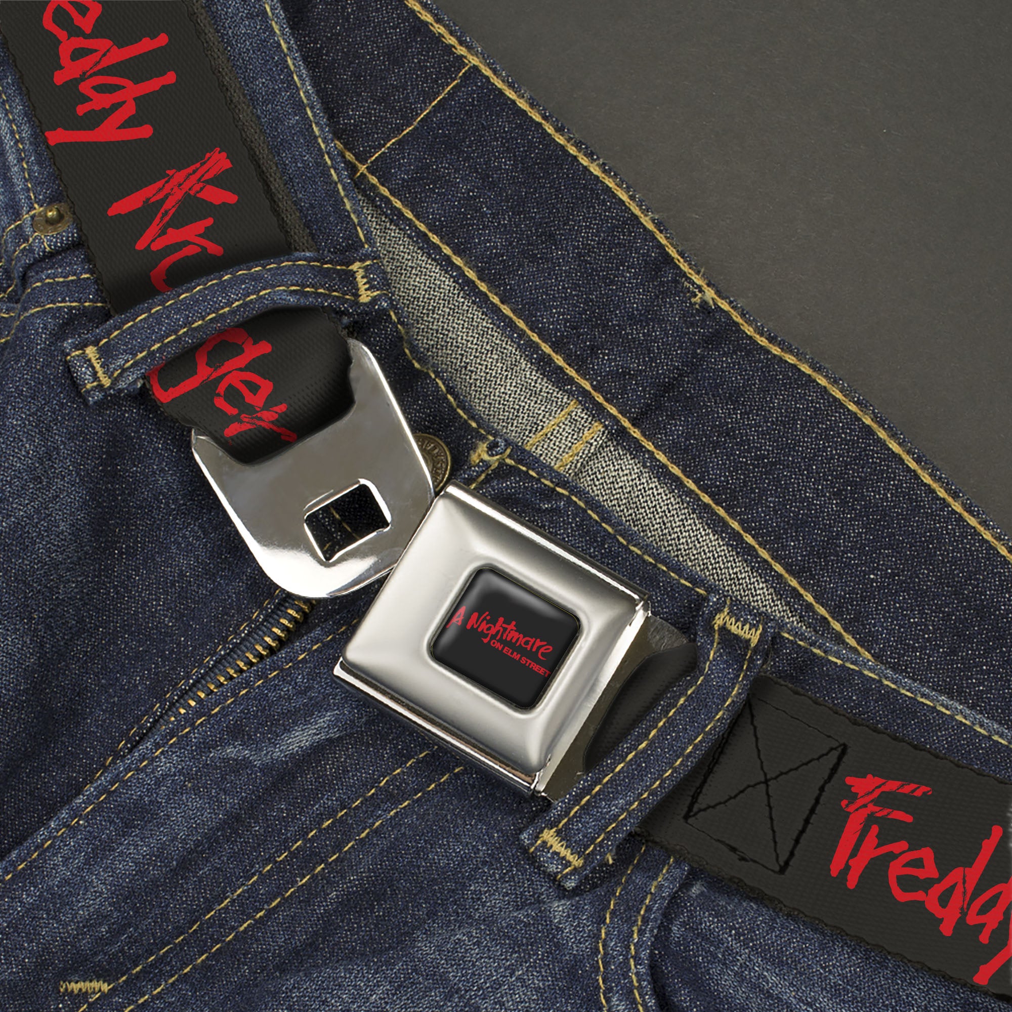 A NIGHTMARE ON ELM STREET Title Logo Full Color Black/Red Seatbelt Belt - A NIGHTMARE ON ELM STREET Freddy Icons and Title Logo Black/Red/Whte Webbing Seatbelt Belts A Nightmare on Elm Street