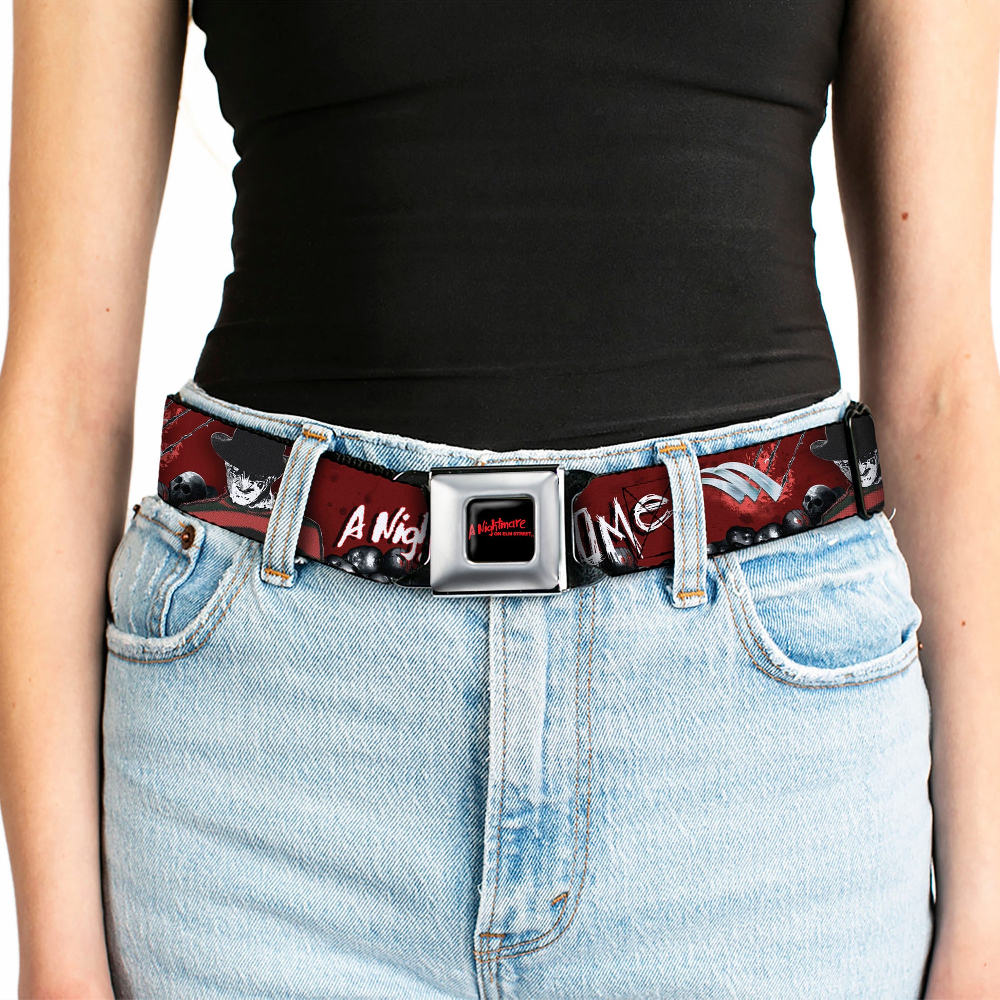 A NIGHTMARE ON ELM STREET Full Color Black/Blood Splatter Reds Seatbelt Belt - A NIGHTMARE ON ELM STREET/READY OR NOT HERE I COME/Freddy Pose/Skulls Reds/Black/Grays/White Webbing Seatbelt Belts A Nightmare on Elm Street
