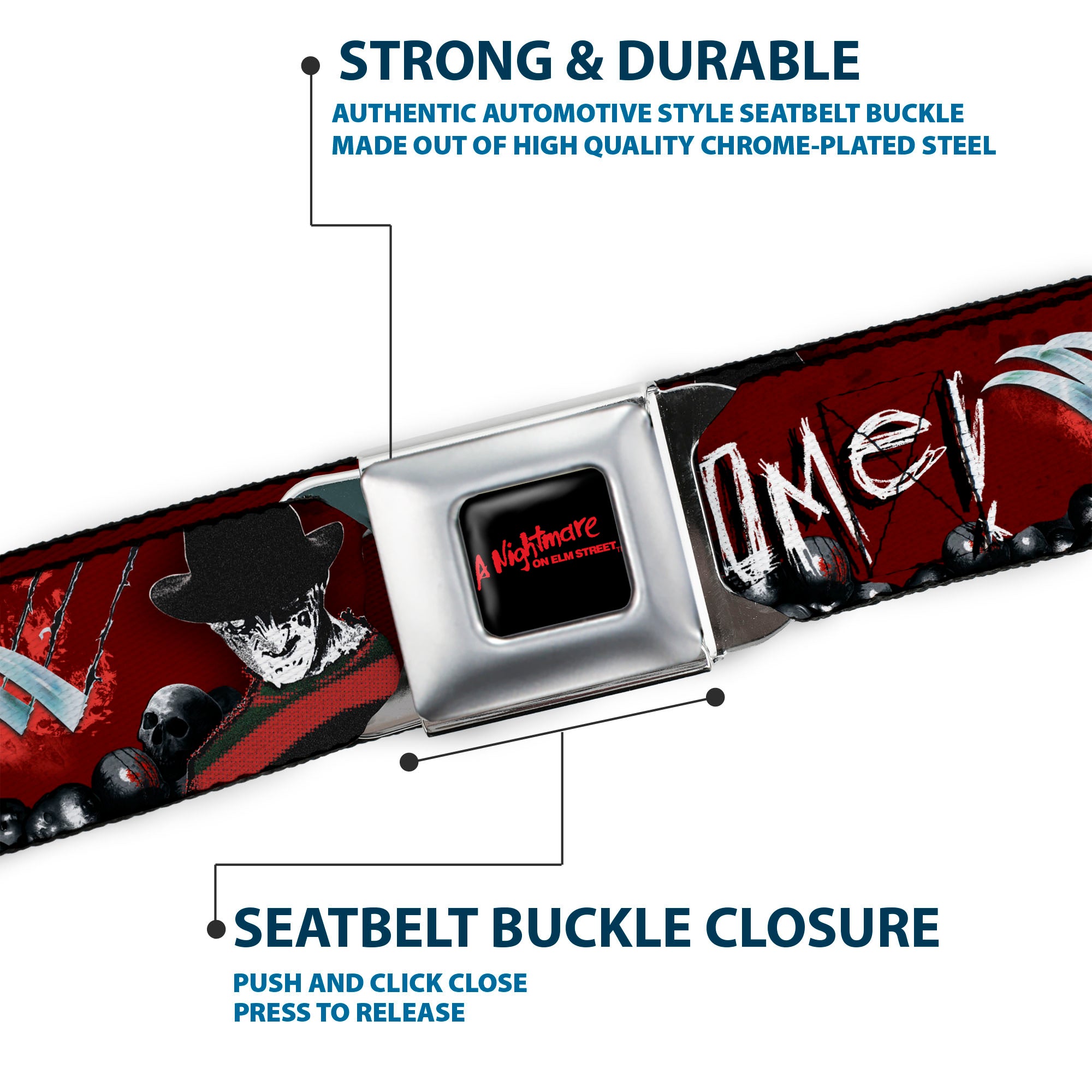 A NIGHTMARE ON ELM STREET Full Color Black/Blood Splatter Reds Seatbelt Belt - A NIGHTMARE ON ELM STREET/READY OR NOT HERE I COME/Freddy Pose/Skulls Reds/Black/Grays/White Webbing Seatbelt Belts A Nightmare on Elm Street