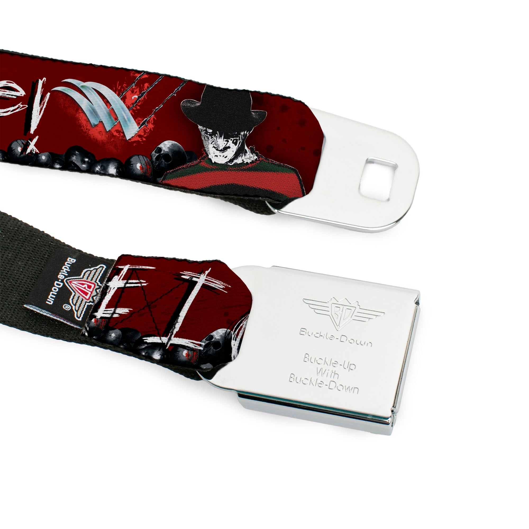 A NIGHTMARE ON ELM STREET Full Color Black/Blood Splatter Reds Seatbelt Belt - A NIGHTMARE ON ELM STREET/READY OR NOT HERE I COME/Freddy Pose/Skulls Reds/Black/Grays/White Webbing Seatbelt Belts A Nightmare on Elm Street