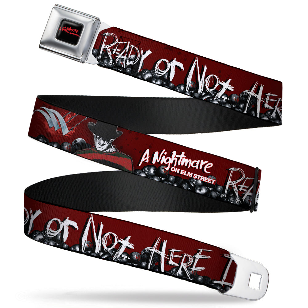 A NIGHTMARE ON ELM STREET Full Color Black/Blood Splatter Reds Seatbelt Belt - A NIGHTMARE ON ELM STREET/READY OR NOT HERE I COME/Freddy Pose/Skulls Reds/Black/Grays/White Webbing Seatbelt Belts A Nightmare on Elm Street