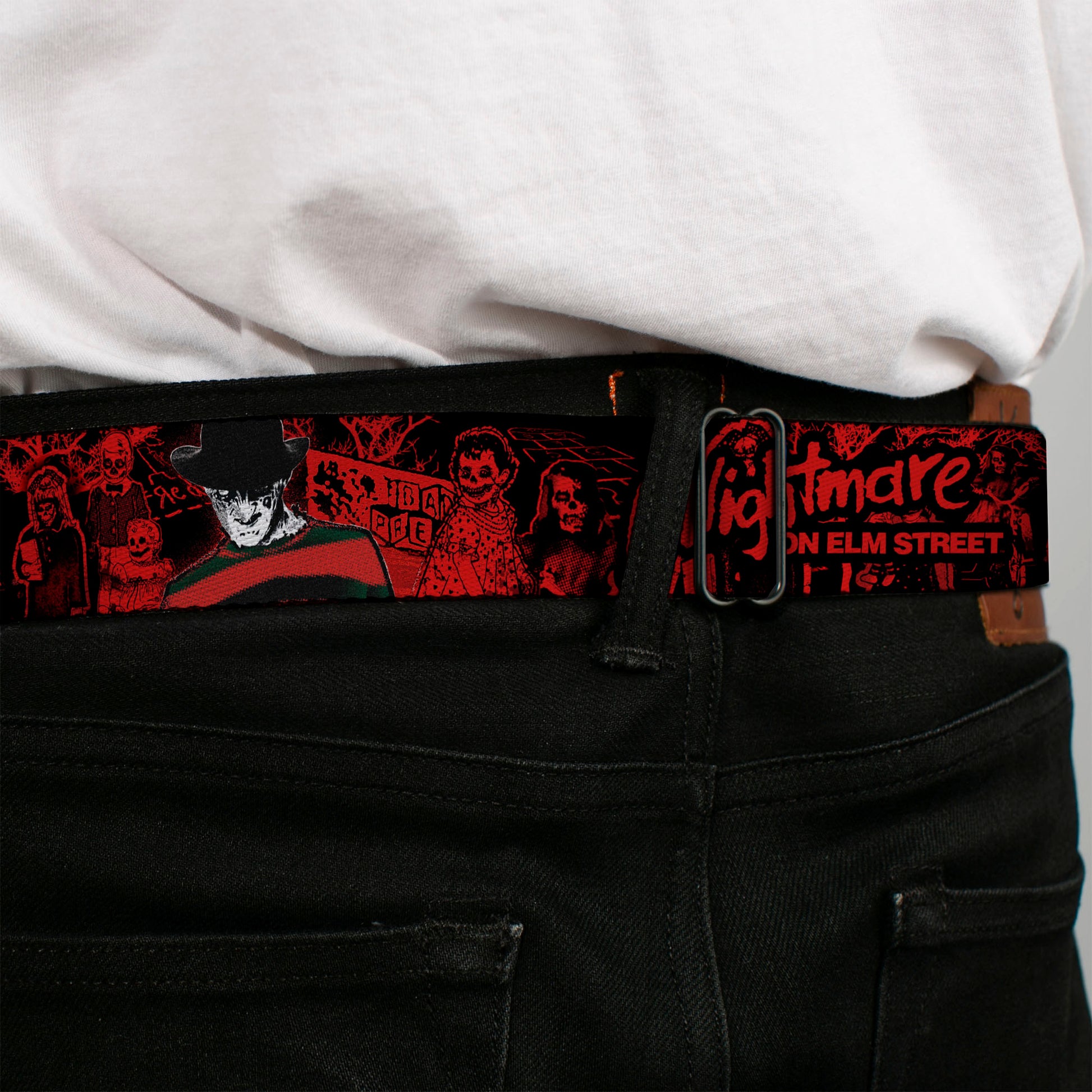 A NIGHTMARE ON ELM STREET Full Color Black/Blood Splatter Reds Seatbelt Belt - A NIGHTMARE ON ELM STREET Freddy Pose/Sketch Black/Red Webbing Seatbelt Belts A Nightmare on Elm Street