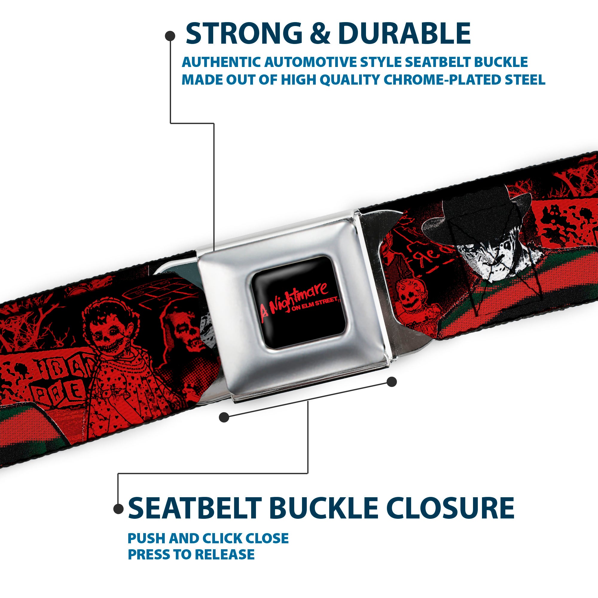 A NIGHTMARE ON ELM STREET Full Color Black/Blood Splatter Reds Seatbelt Belt - A NIGHTMARE ON ELM STREET Freddy Pose/Sketch Black/Red Webbing Seatbelt Belts A Nightmare on Elm Street