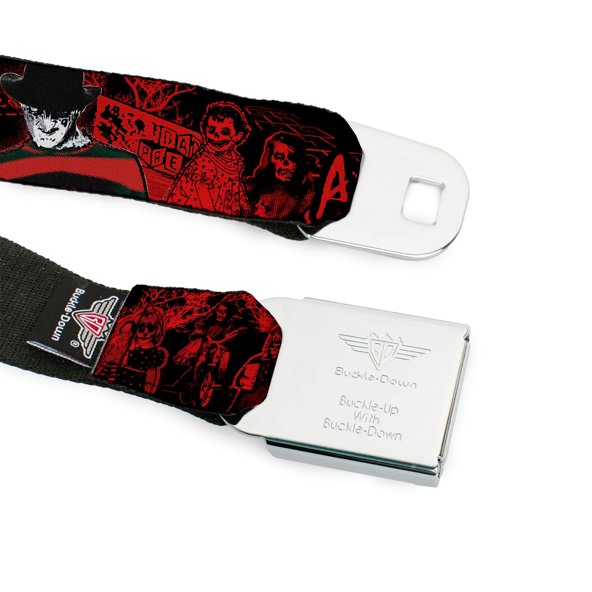 A NIGHTMARE ON ELM STREET Full Color Black/Blood Splatter Reds Seatbelt Belt - A NIGHTMARE ON ELM STREET Freddy Pose/Sketch Black/Red Webbing Seatbelt Belts A Nightmare on Elm Street