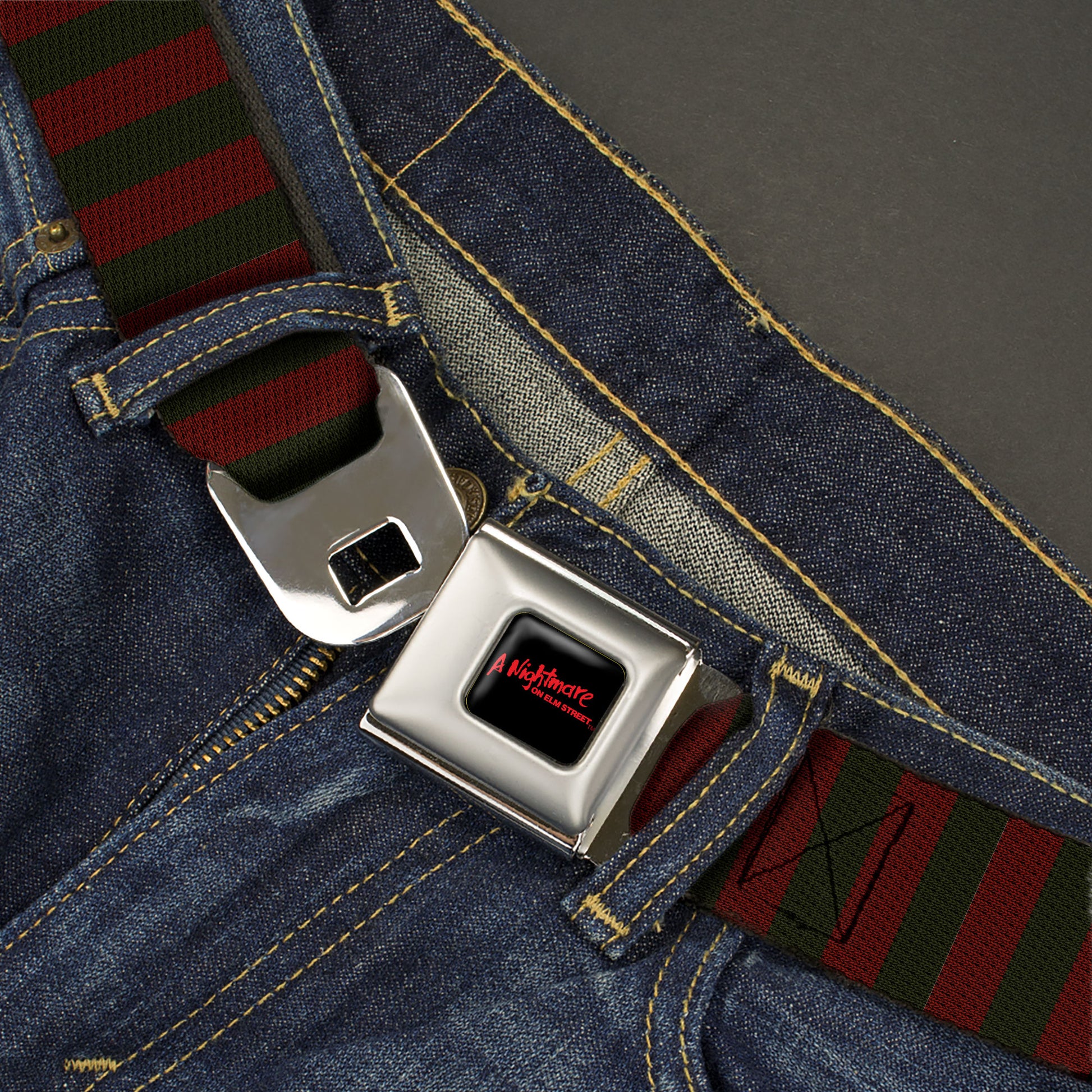 A NIGHTMARE ON ELM STREET Full Color Black/Blood Splatter Reds Seatbelt Belt - A Nightmare on Elm Street Freddy Krueger Sweater Stripe Reds/Greens Webbing Seatbelt Belts A Nightmare on Elm Street