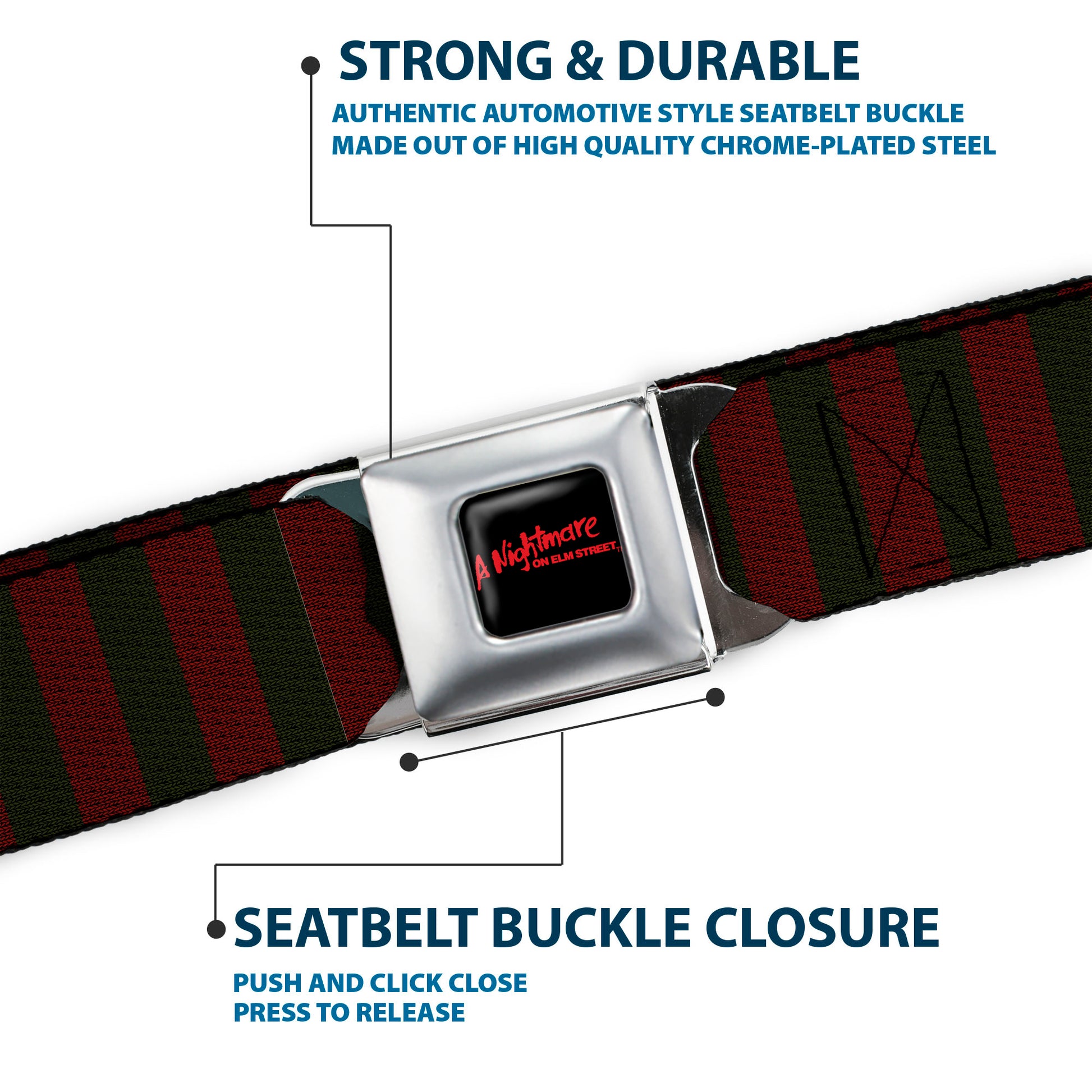 A NIGHTMARE ON ELM STREET Full Color Black/Blood Splatter Reds Seatbelt Belt - A Nightmare on Elm Street Freddy Krueger Sweater Stripe Reds/Greens Webbing Seatbelt Belts A Nightmare on Elm Street