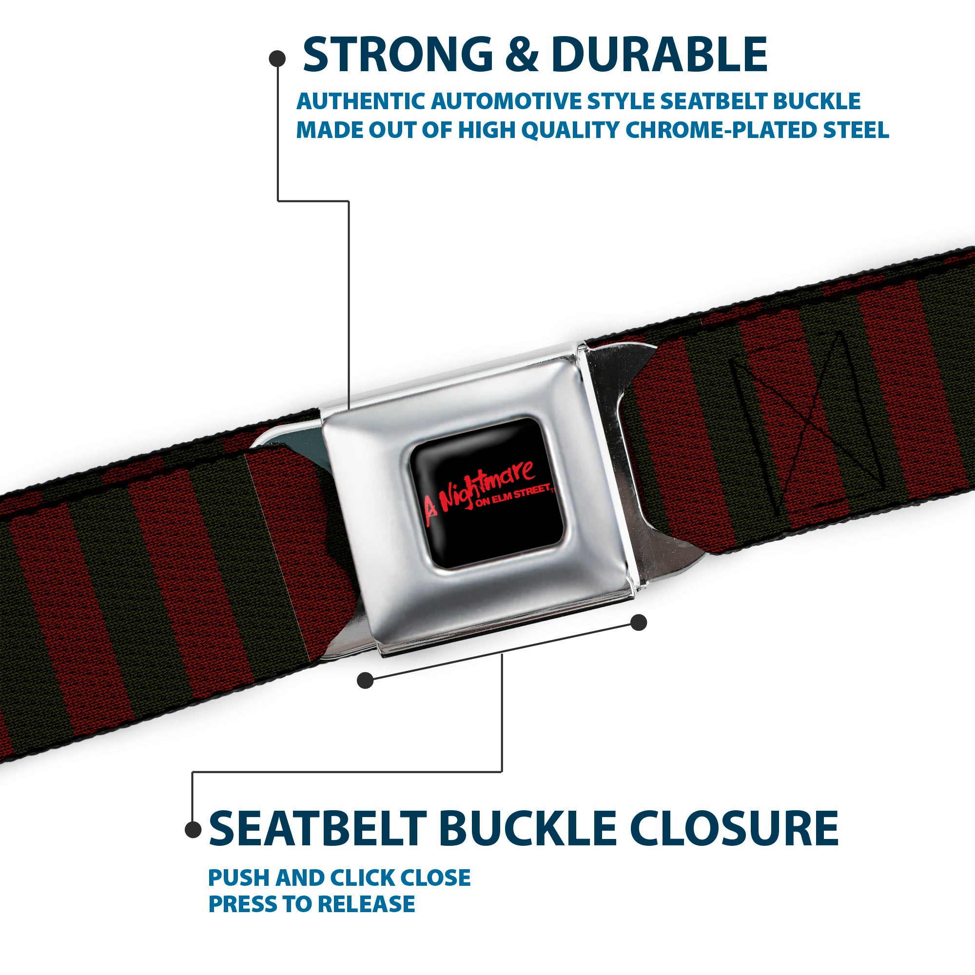 A NIGHTMARE ON ELM STREET Full Color Black/Blood Splatter Reds Seatbelt Belt - A Nightmare on Elm Street Freddy Krueger Sweater Stripe Reds/Greens Webbing Seatbelt Belts A Nightmare on Elm Street