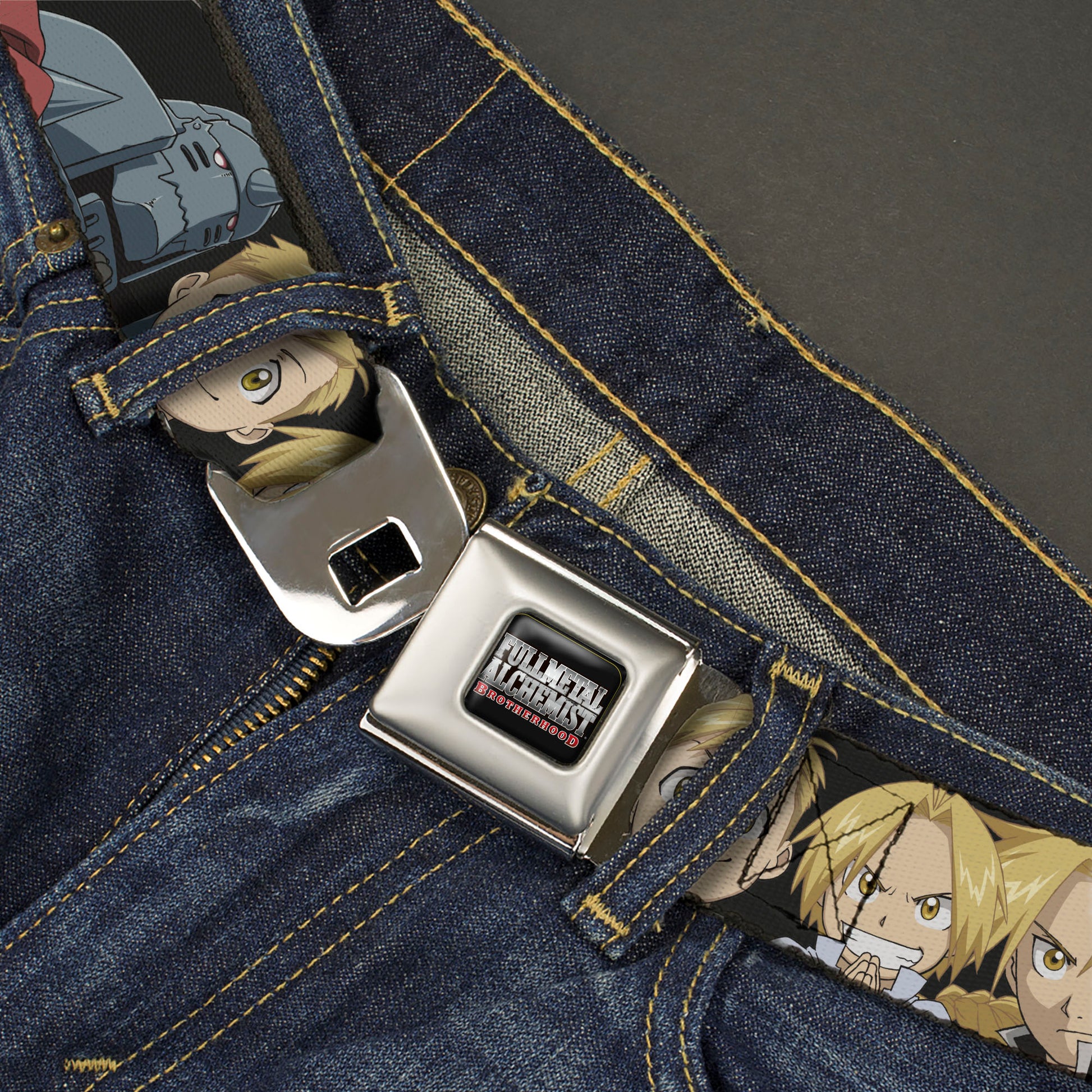 FULLMETAL ALCHEMIST BROTHERHOOD Title Logo Full Color Black Seatbelt Belt - Fullmetal Alchemist Brotherhood Elric Brothers Face Close-Up Webbing Seatbelt Belts Fullmetal Alchemist