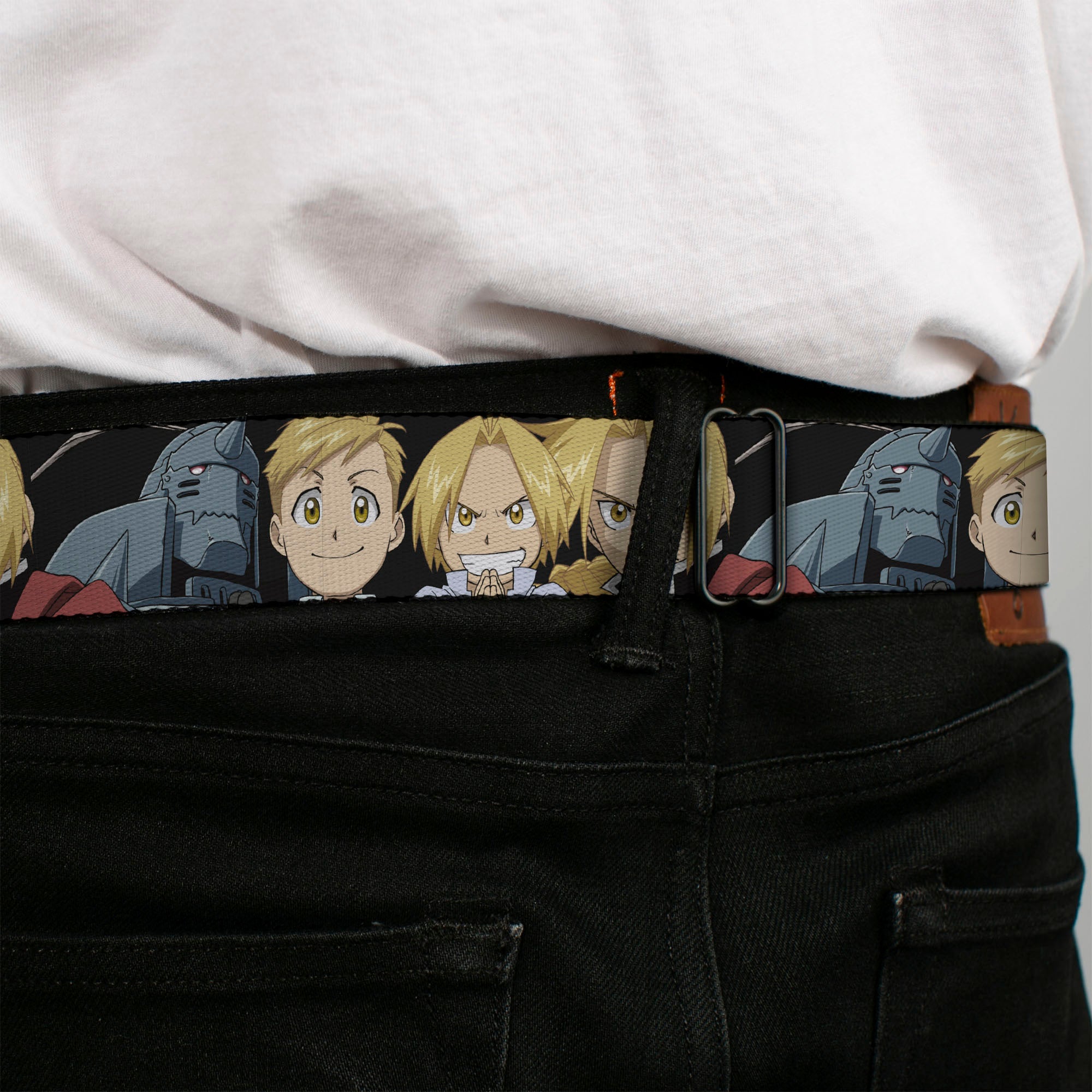 FULLMETAL ALCHEMIST BROTHERHOOD Title Logo Full Color Black Seatbelt Belt - Fullmetal Alchemist Brotherhood Elric Brothers Face Close-Up Webbing Seatbelt Belts Fullmetal Alchemist