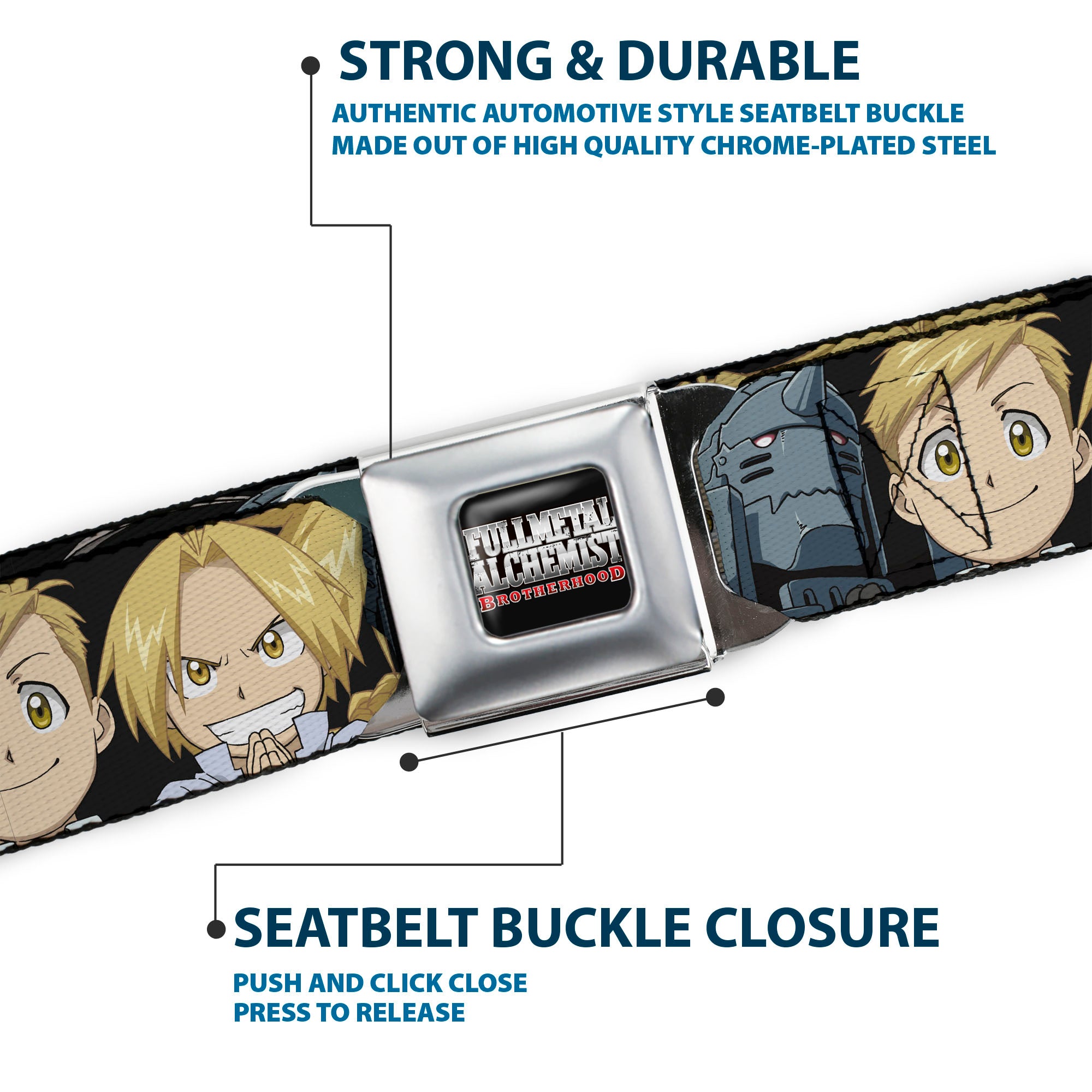 FULLMETAL ALCHEMIST BROTHERHOOD Title Logo Full Color Black Seatbelt Belt - Fullmetal Alchemist Brotherhood Elric Brothers Face Close-Up Webbing Seatbelt Belts Fullmetal Alchemist