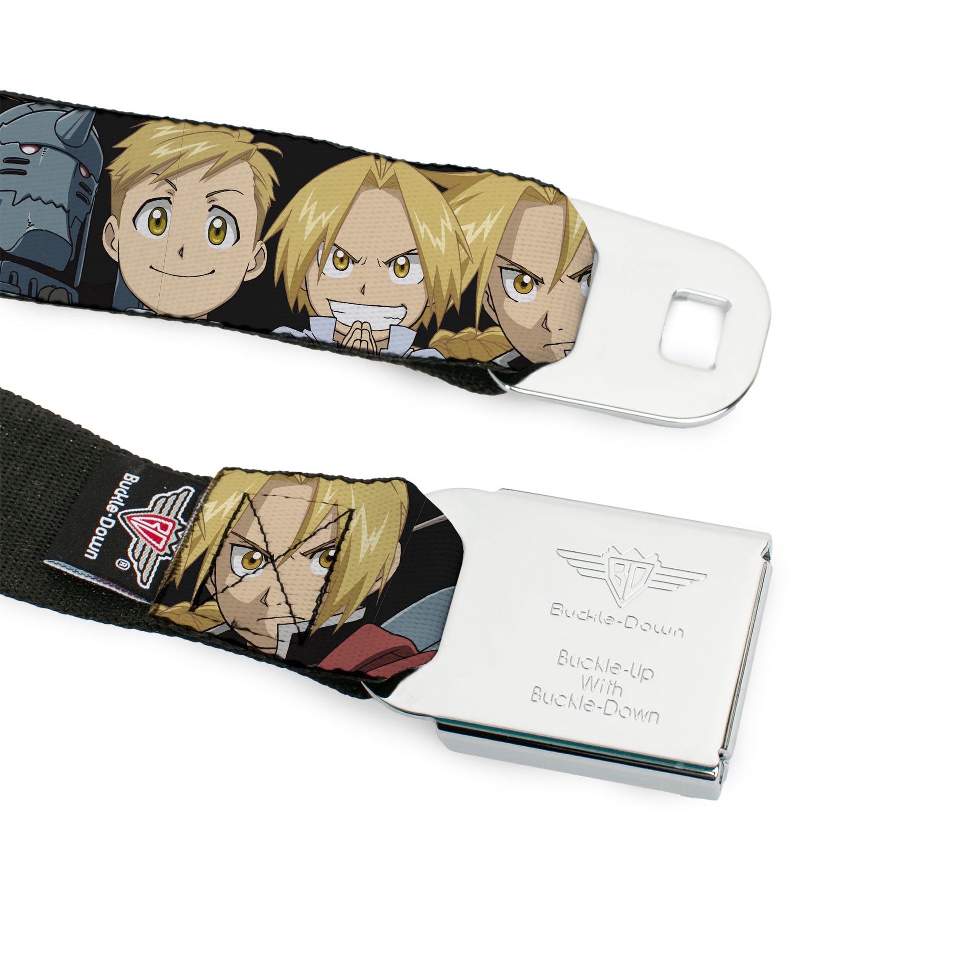 FULLMETAL ALCHEMIST BROTHERHOOD Title Logo Full Color Black Seatbelt Belt - Fullmetal Alchemist Brotherhood Elric Brothers Face Close-Up Webbing Seatbelt Belts Fullmetal Alchemist