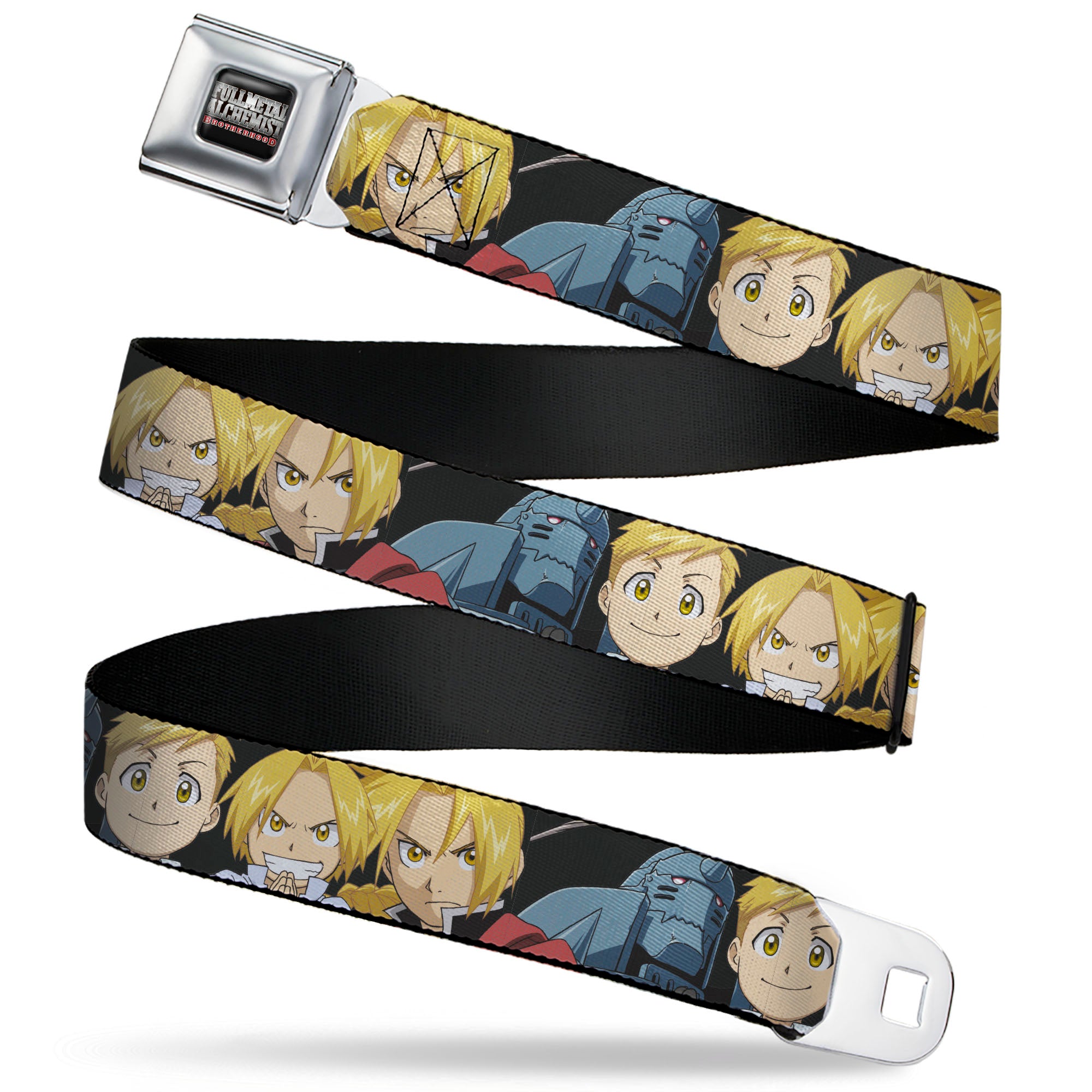 FULLMETAL ALCHEMIST BROTHERHOOD Title Logo Full Color Black Seatbelt Belt - Fullmetal Alchemist Brotherhood Elric Brothers Face Close-Up Webbing Seatbelt Belts Fullmetal Alchemist