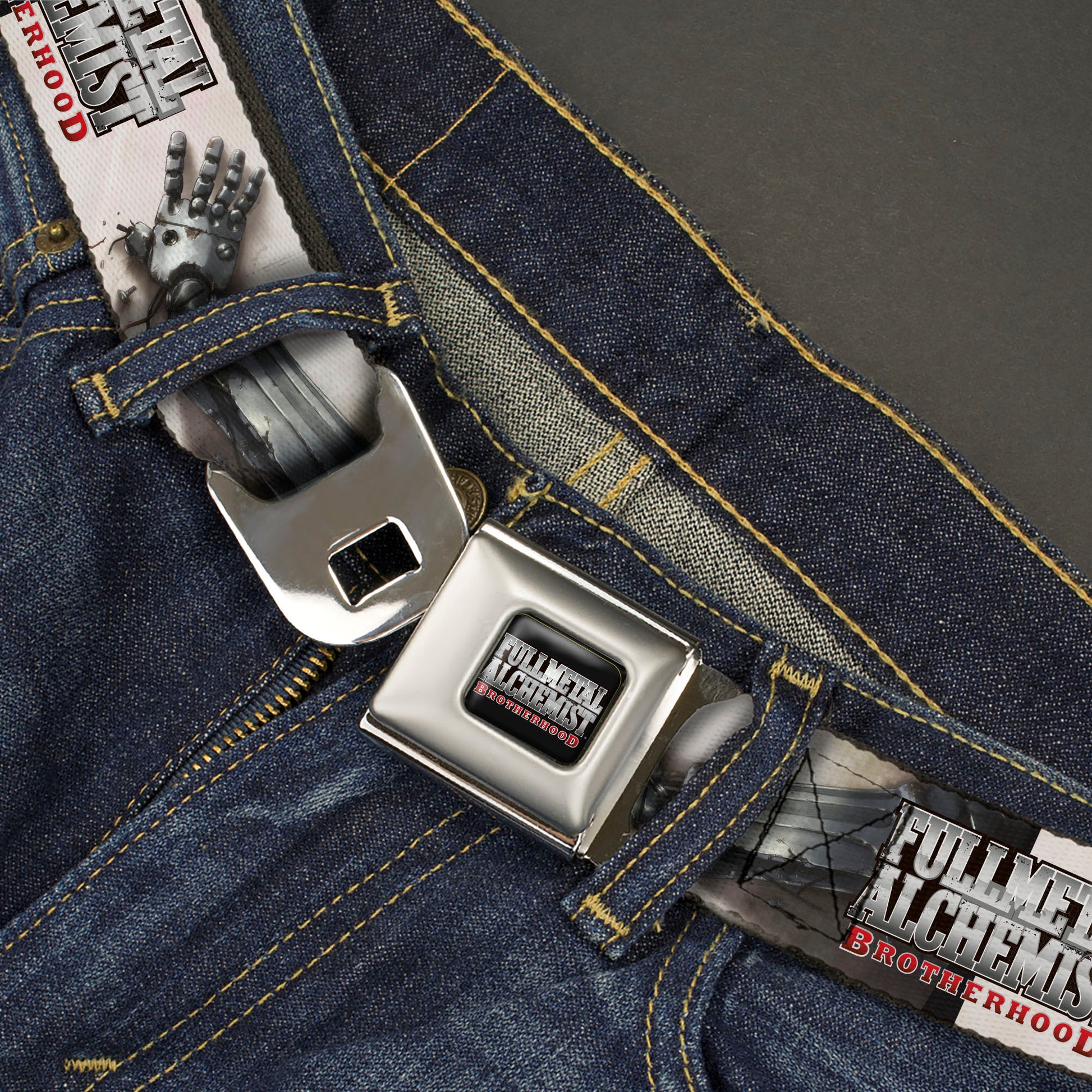 FULLMETAL ALCHEMIST BROTHERHOOD Title Logo Full Color Black Seatbelt Belt - FULLMETAL ALCHEMIST BROTHERHOOD Edward Elrics Automail Arm Tan Webbing Seatbelt Belts Fullmetal Alchemist