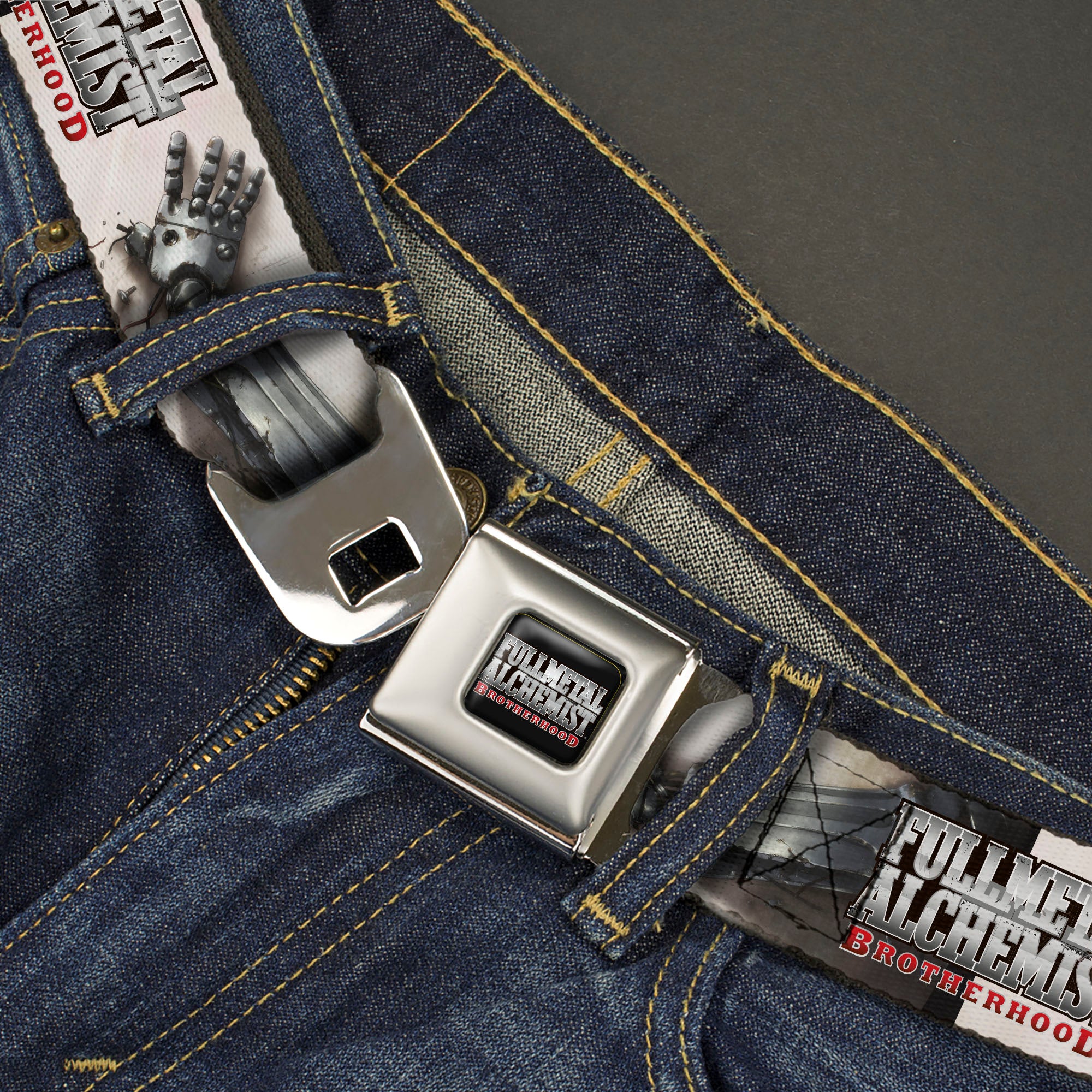 FULLMETAL ALCHEMIST BROTHERHOOD Title Logo Full Color Black Seatbelt Belt - FULLMETAL ALCHEMIST BROTHERHOOD Edward Elrics Automail Arm Tan Webbing Seatbelt Belts Fullmetal Alchemist