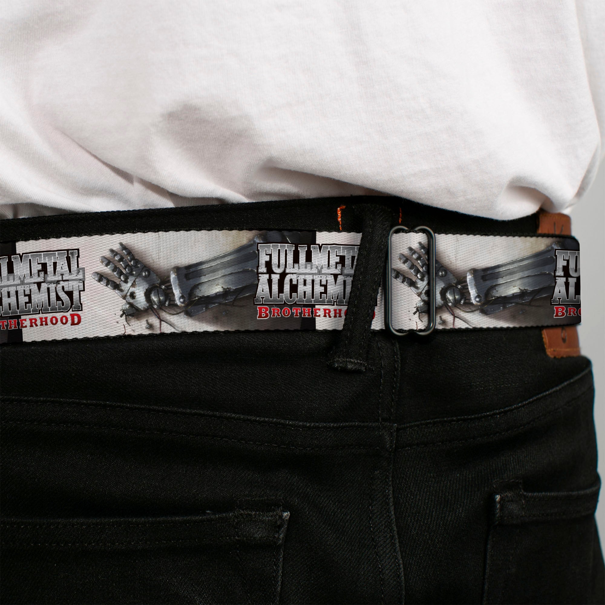 FULLMETAL ALCHEMIST BROTHERHOOD Title Logo Full Color Black Seatbelt Belt - FULLMETAL ALCHEMIST BROTHERHOOD Edward Elrics Automail Arm Tan Webbing Seatbelt Belts Fullmetal Alchemist