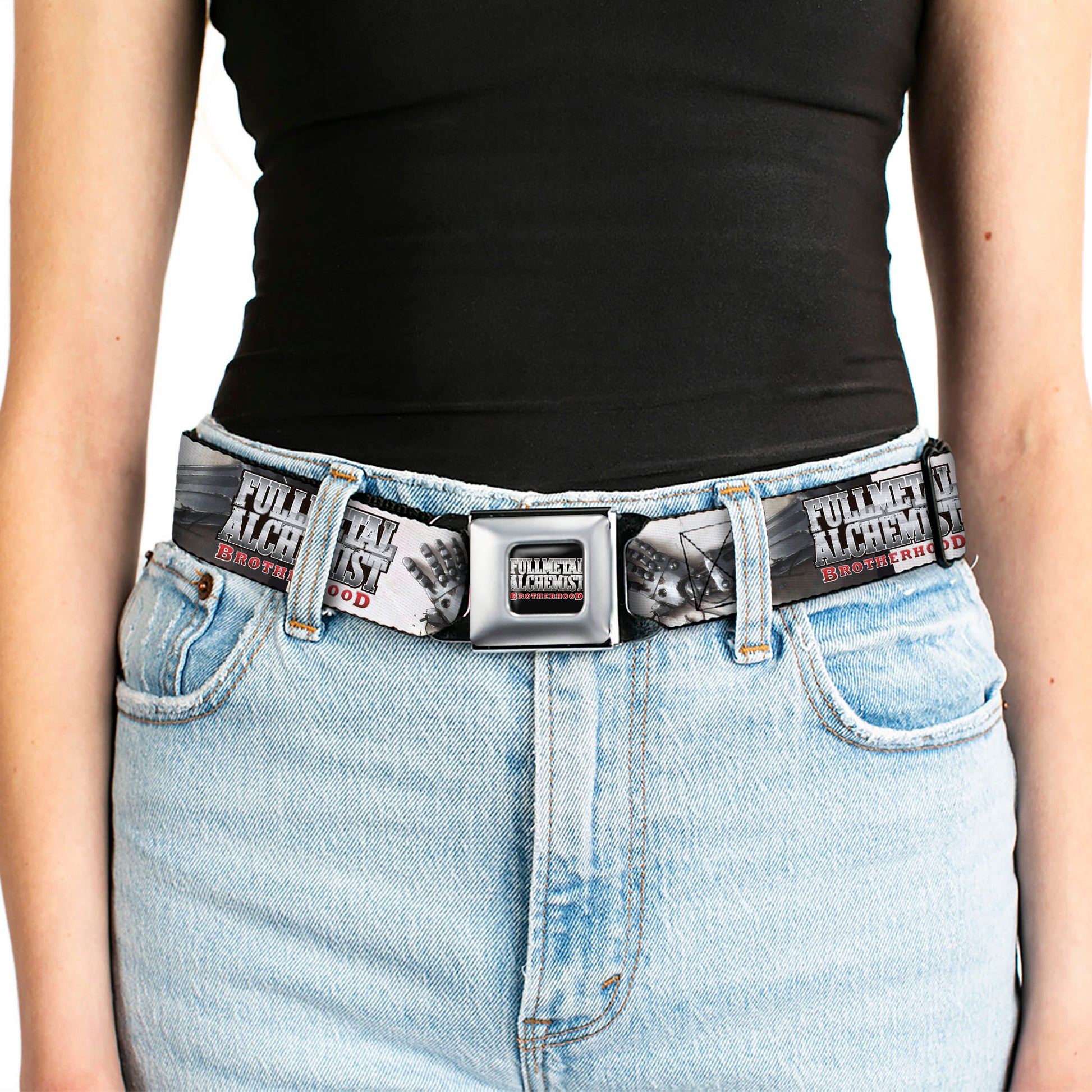 FULLMETAL ALCHEMIST BROTHERHOOD Title Logo Full Color Black Seatbelt Belt - FULLMETAL ALCHEMIST BROTHERHOOD Edward Elrics Automail Arm Tan Webbing Seatbelt Belts Fullmetal Alchemist