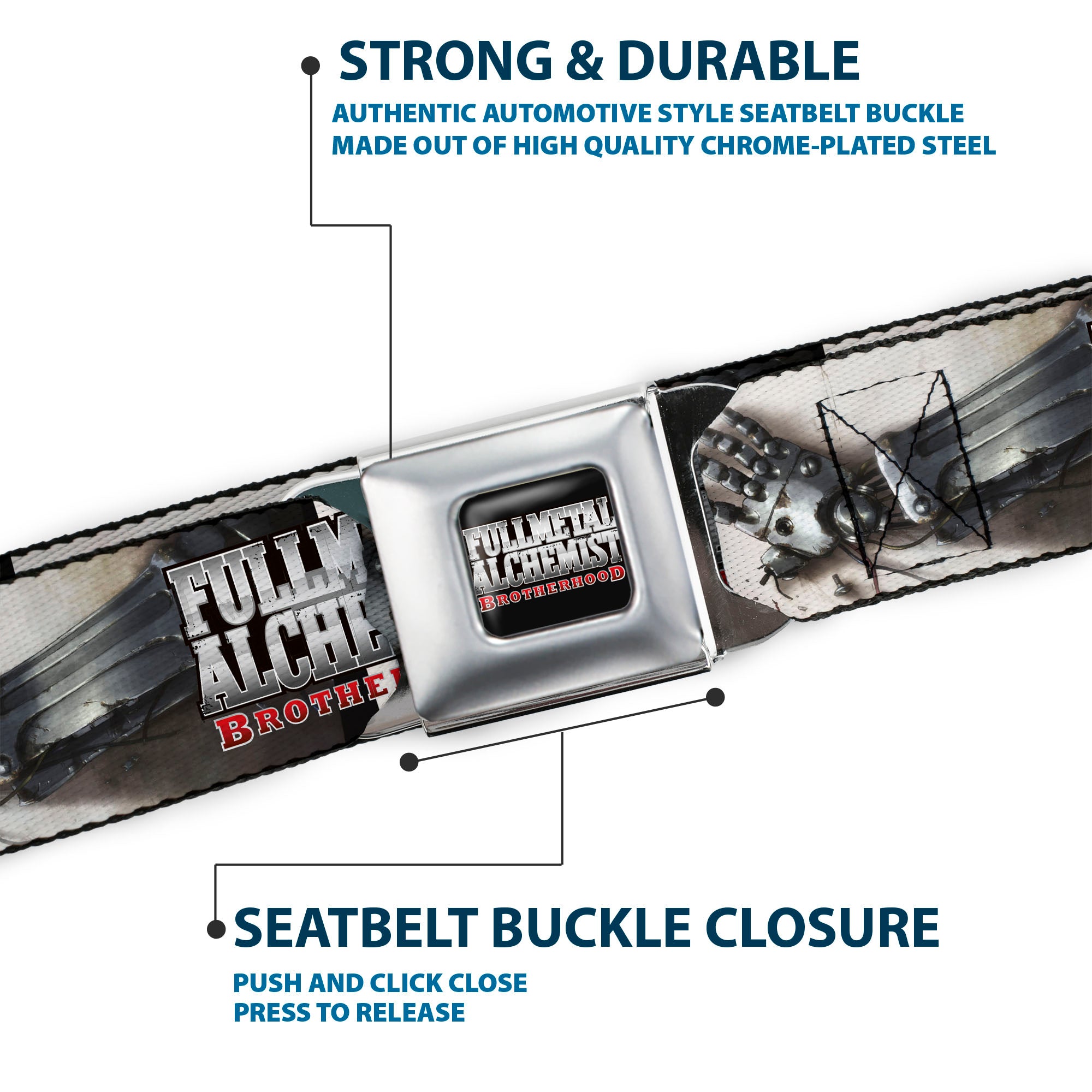 FULLMETAL ALCHEMIST BROTHERHOOD Title Logo Full Color Black Seatbelt Belt - FULLMETAL ALCHEMIST BROTHERHOOD Edward Elrics Automail Arm Tan Webbing Seatbelt Belts Fullmetal Alchemist