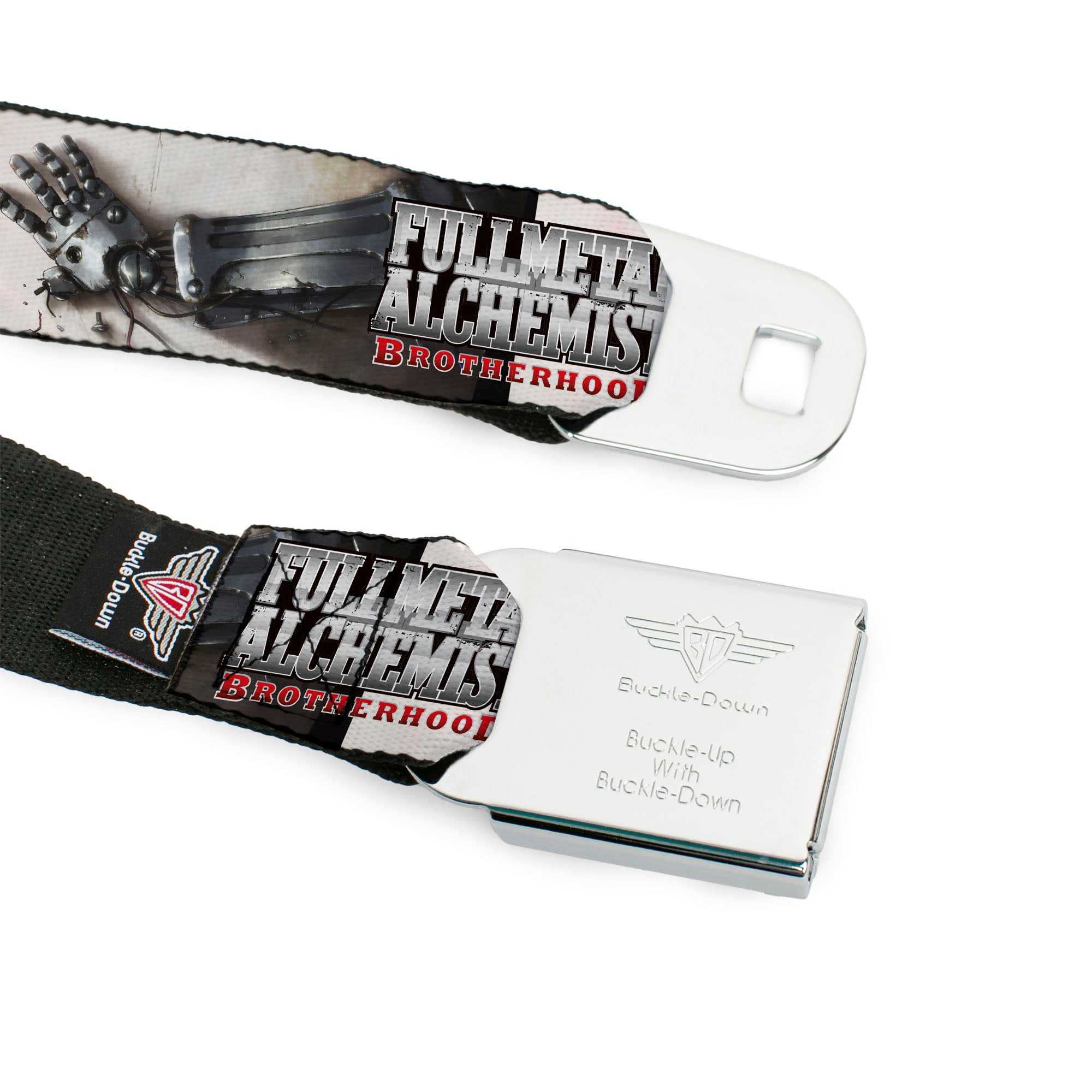 FULLMETAL ALCHEMIST BROTHERHOOD Title Logo Full Color Black Seatbelt Belt - FULLMETAL ALCHEMIST BROTHERHOOD Edward Elrics Automail Arm Tan Webbing Seatbelt Belts Fullmetal Alchemist