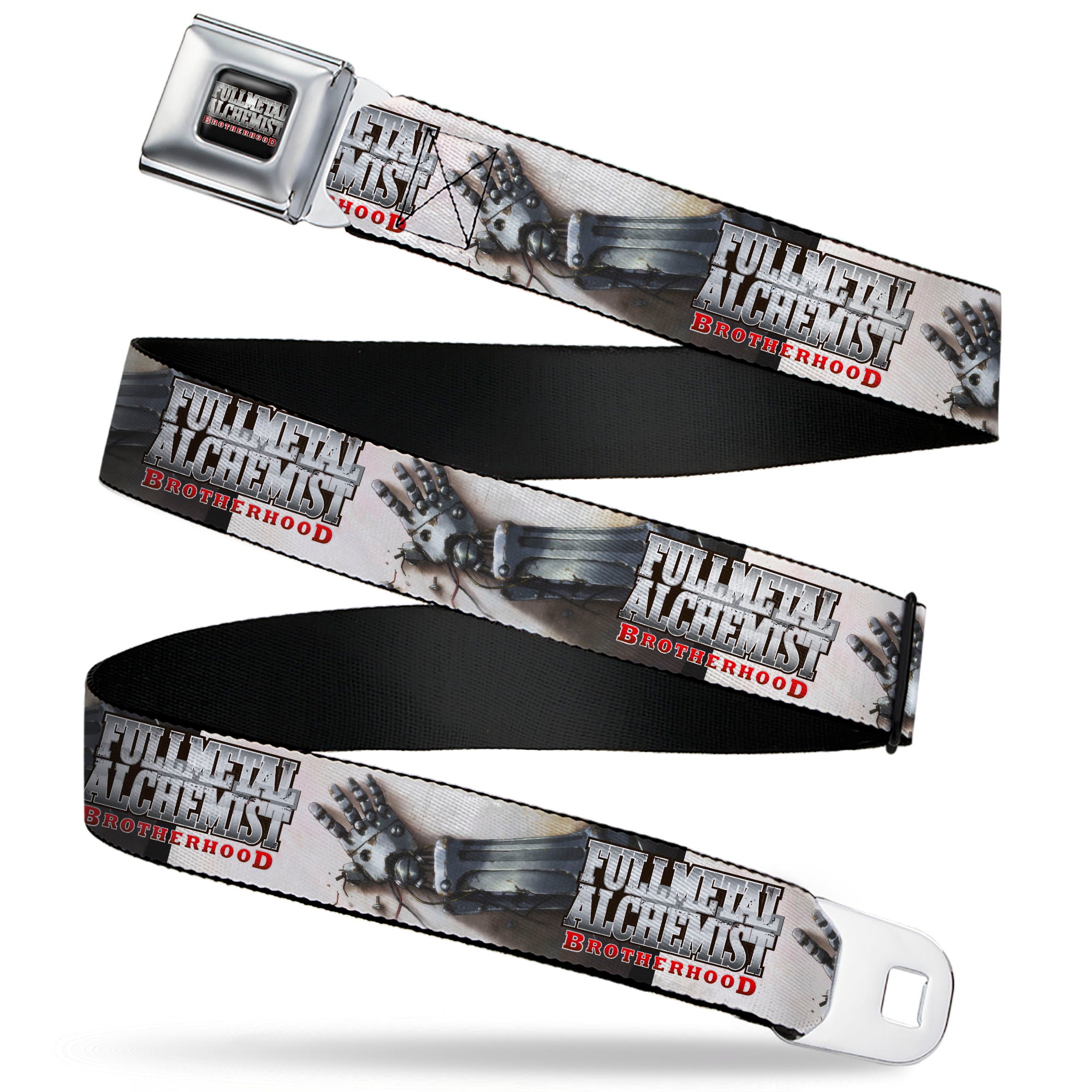 FULLMETAL ALCHEMIST BROTHERHOOD Title Logo Full Color Black Seatbelt Belt - FULLMETAL ALCHEMIST BROTHERHOOD Edward Elrics Automail Arm Tan Webbing Seatbelt Belts Fullmetal Alchemist