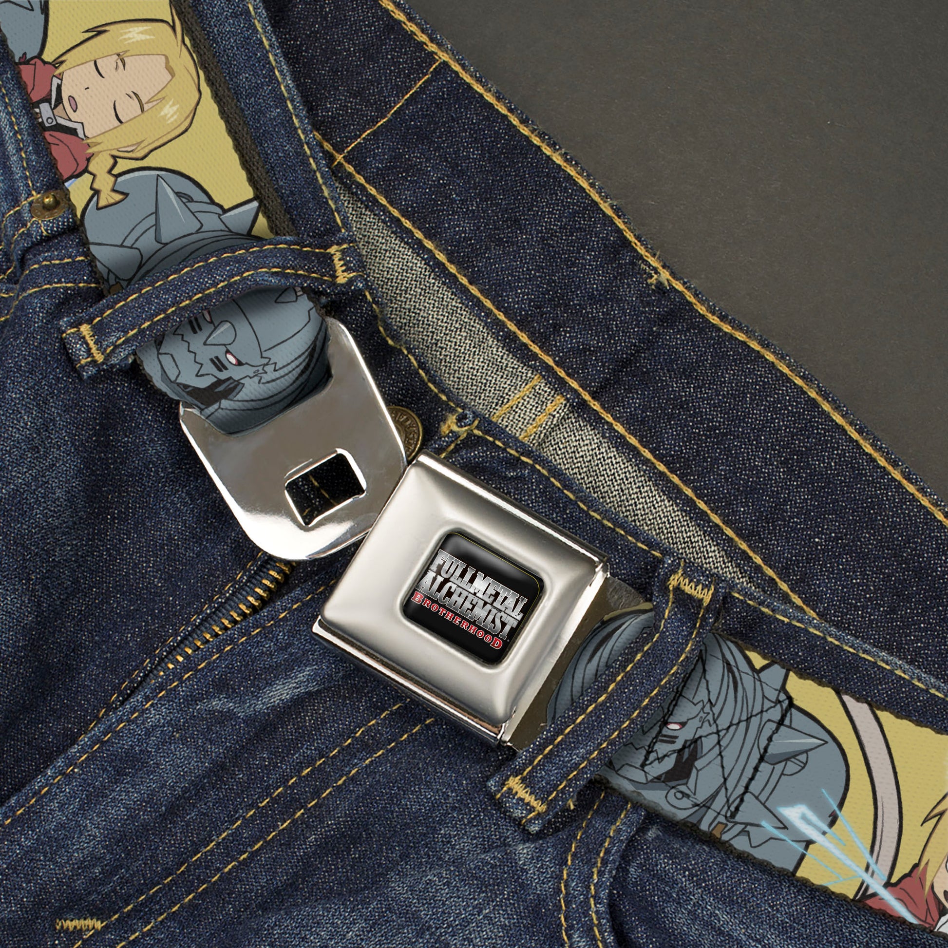 FULLMETAL ALCHEMIST BROTHERHOOD Title Logo Full Color Black Seatbelt Belt - Fullmetal Alchemist Brotherhood Chibi Elric Brothers Pose Yellow Webbing Seatbelt Belts Fullmetal Alchemist