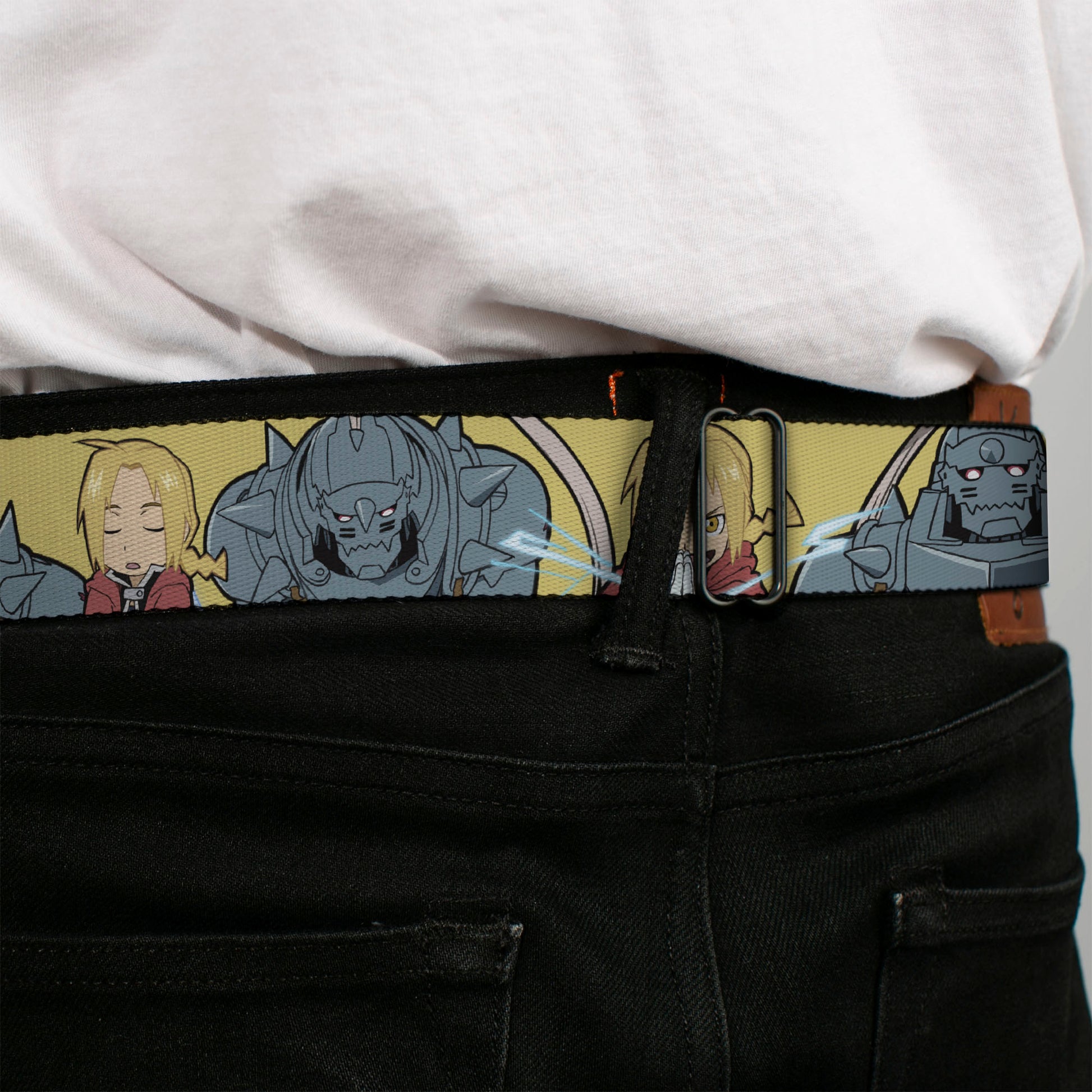 FULLMETAL ALCHEMIST BROTHERHOOD Title Logo Full Color Black Seatbelt Belt - Fullmetal Alchemist Brotherhood Chibi Elric Brothers Pose Yellow Webbing Seatbelt Belts Fullmetal Alchemist