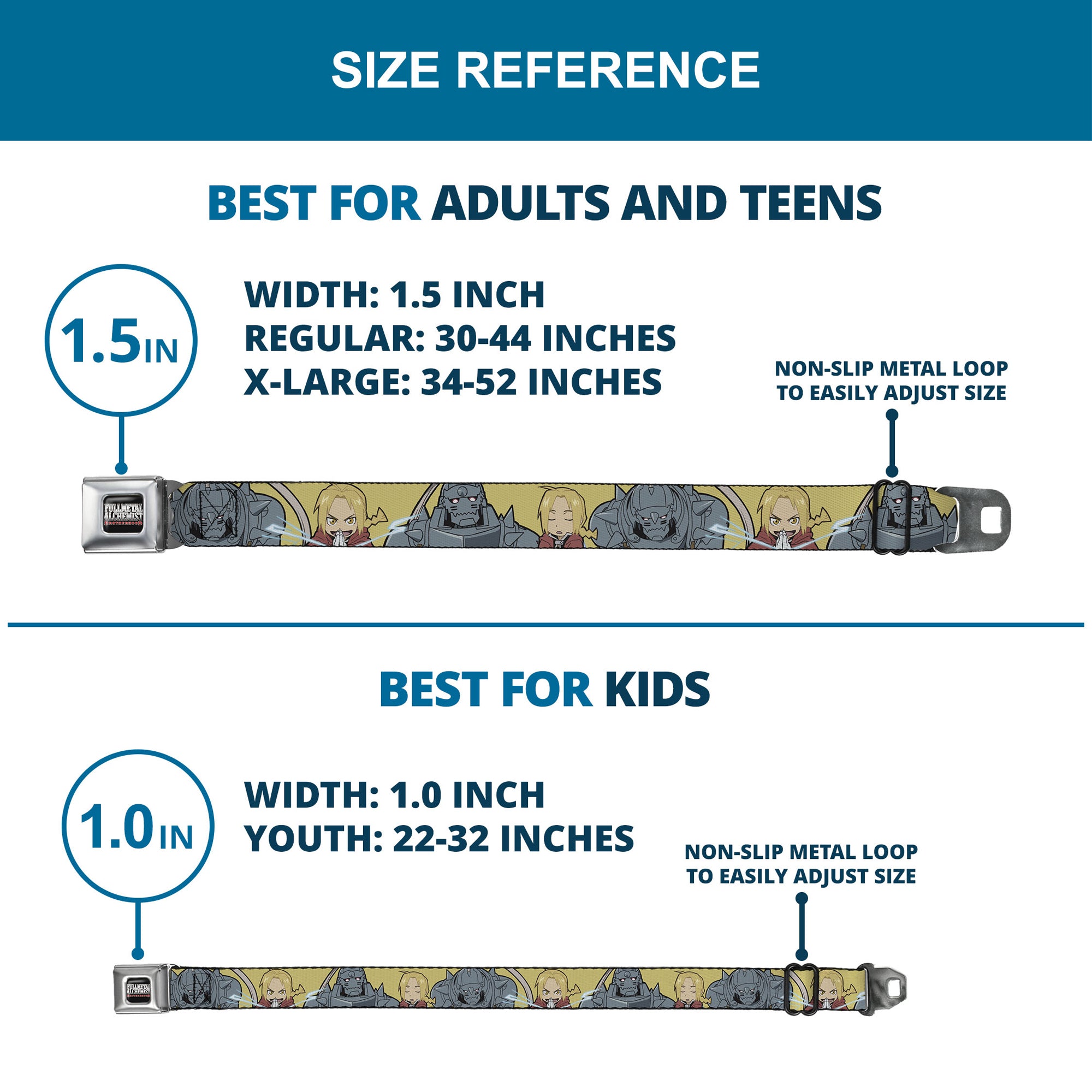 FULLMETAL ALCHEMIST BROTHERHOOD Title Logo Full Color Black Seatbelt Belt - Fullmetal Alchemist Brotherhood Chibi Elric Brothers Pose Yellow Webbing Seatbelt Belts Fullmetal Alchemist