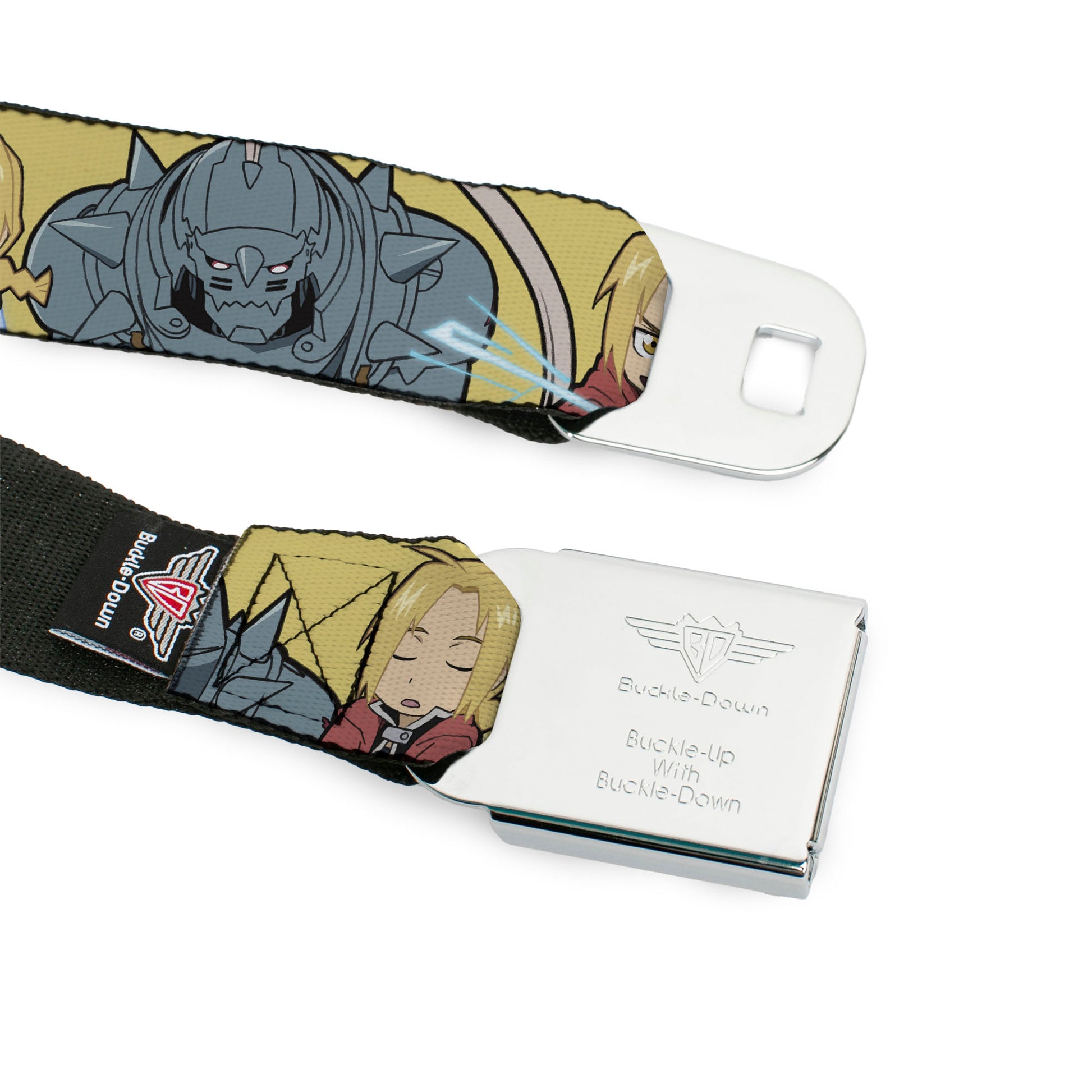 FULLMETAL ALCHEMIST BROTHERHOOD Title Logo Full Color Black Seatbelt Belt - Fullmetal Alchemist Brotherhood Chibi Elric Brothers Pose Yellow Webbing Seatbelt Belts Fullmetal Alchemist