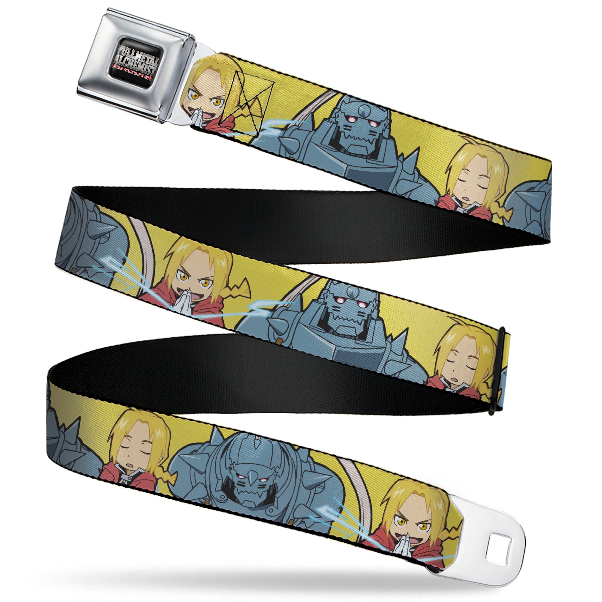FULLMETAL ALCHEMIST BROTHERHOOD Title Logo Full Color Black Seatbelt Belt - Fullmetal Alchemist Brotherhood Chibi Elric Brothers Pose Yellow Webbing Seatbelt Belts Fullmetal Alchemist