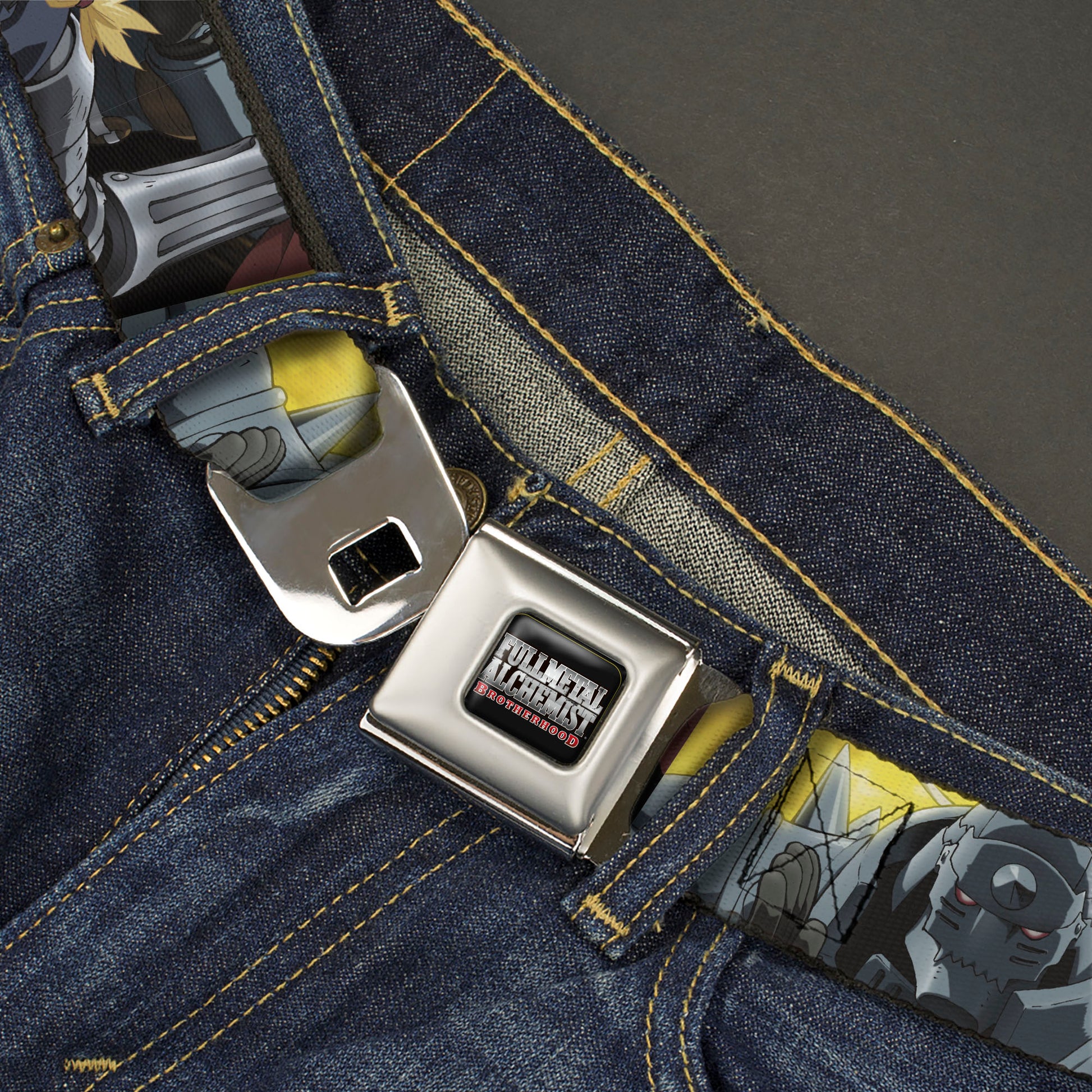 FULLMETAL ALCHEMIST BROTHERHOOD Title Logo Full Color Black Seatbelt Belt - Fullmetal Alchemist Brotherhood Elric Brothers Pose Blocks Webbing Seatbelt Belts Fullmetal Alchemist