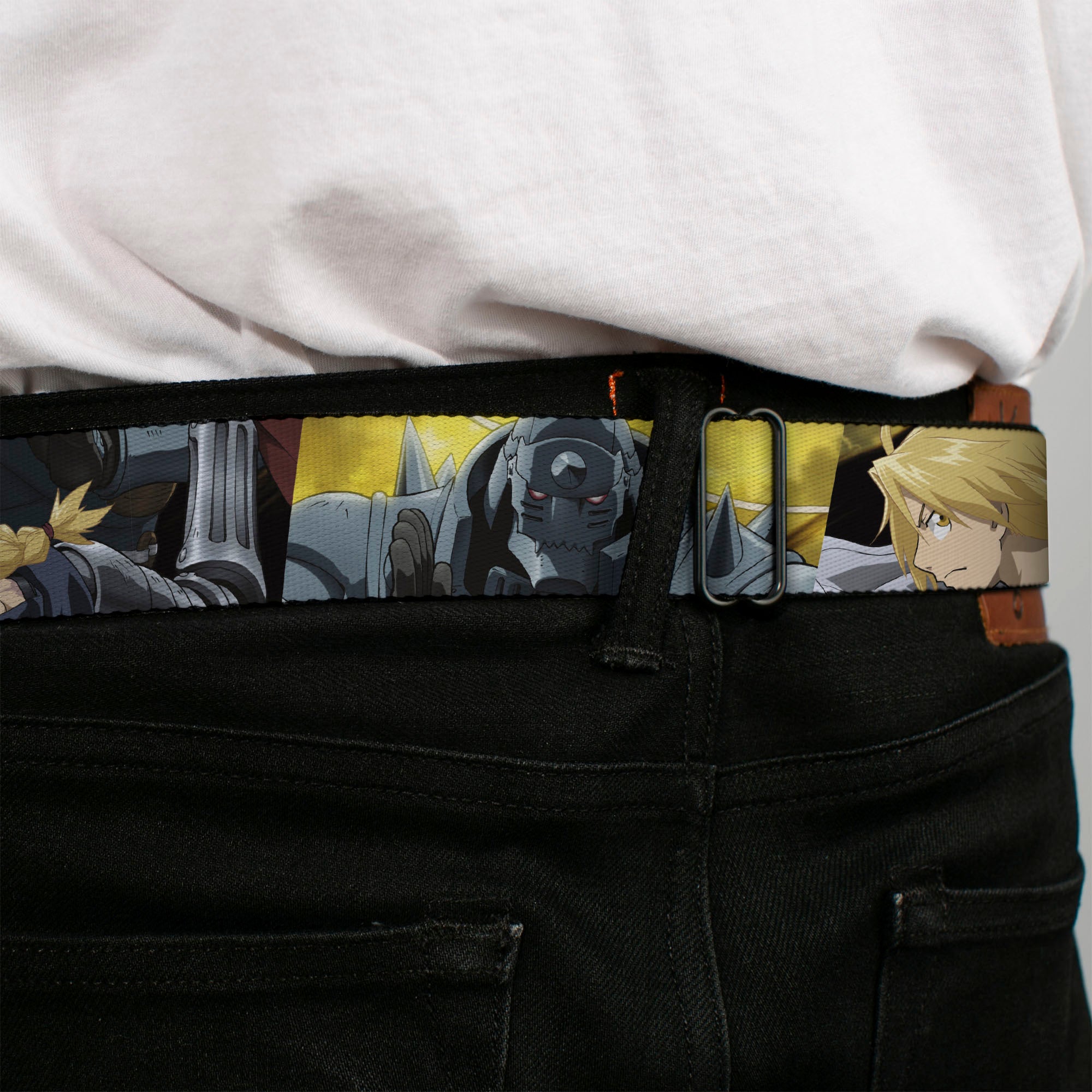 FULLMETAL ALCHEMIST BROTHERHOOD Title Logo Full Color Black Seatbelt Belt - Fullmetal Alchemist Brotherhood Elric Brothers Pose Blocks Webbing Seatbelt Belts Fullmetal Alchemist