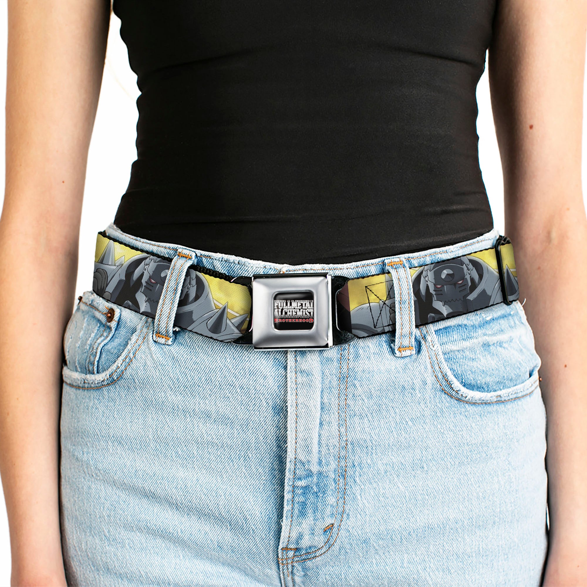 FULLMETAL ALCHEMIST BROTHERHOOD Title Logo Full Color Black Seatbelt Belt - Fullmetal Alchemist Brotherhood Elric Brothers Pose Blocks Webbing Seatbelt Belts Fullmetal Alchemist