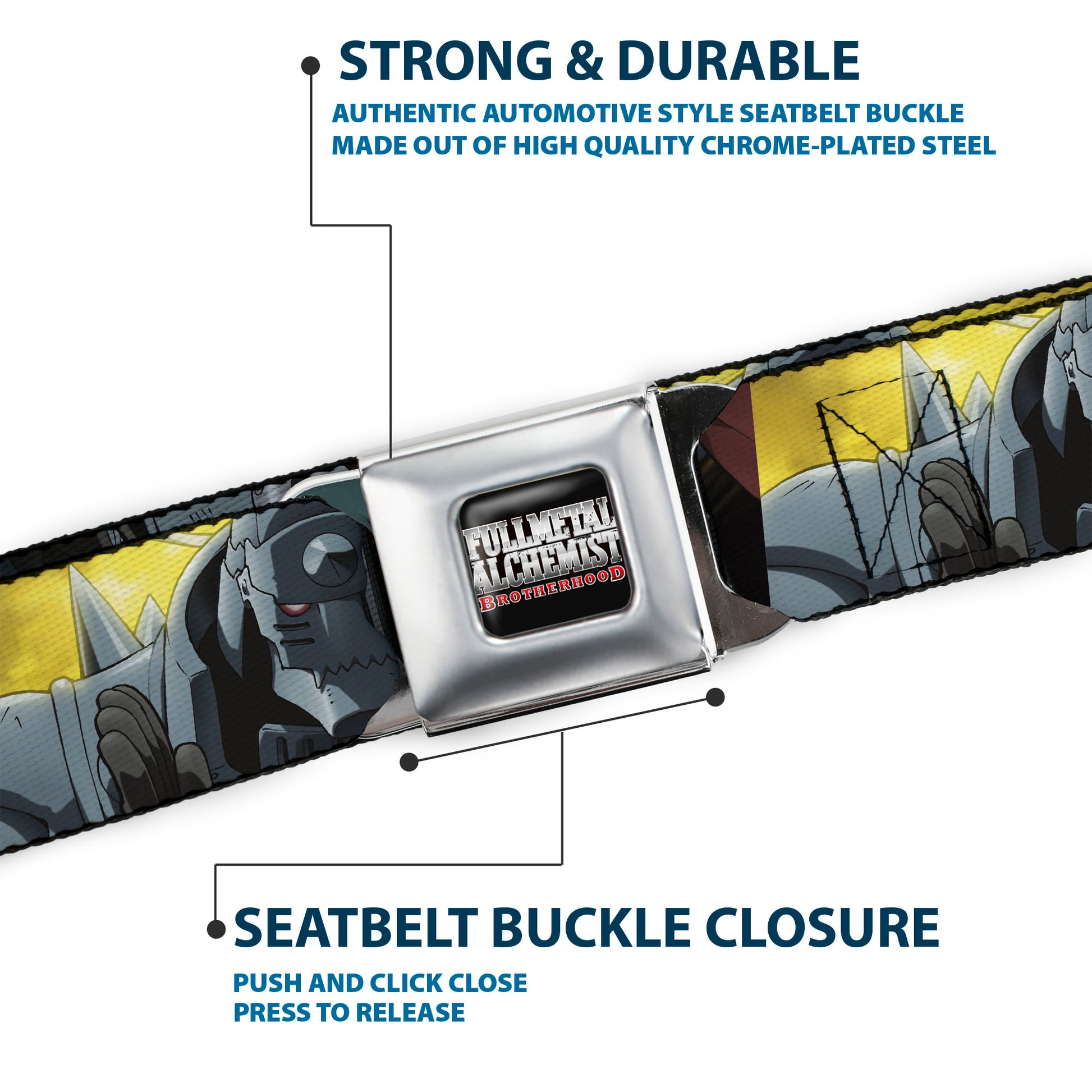 FULLMETAL ALCHEMIST BROTHERHOOD Title Logo Full Color Black Seatbelt Belt - Fullmetal Alchemist Brotherhood Elric Brothers Pose Blocks Webbing Seatbelt Belts Fullmetal Alchemist