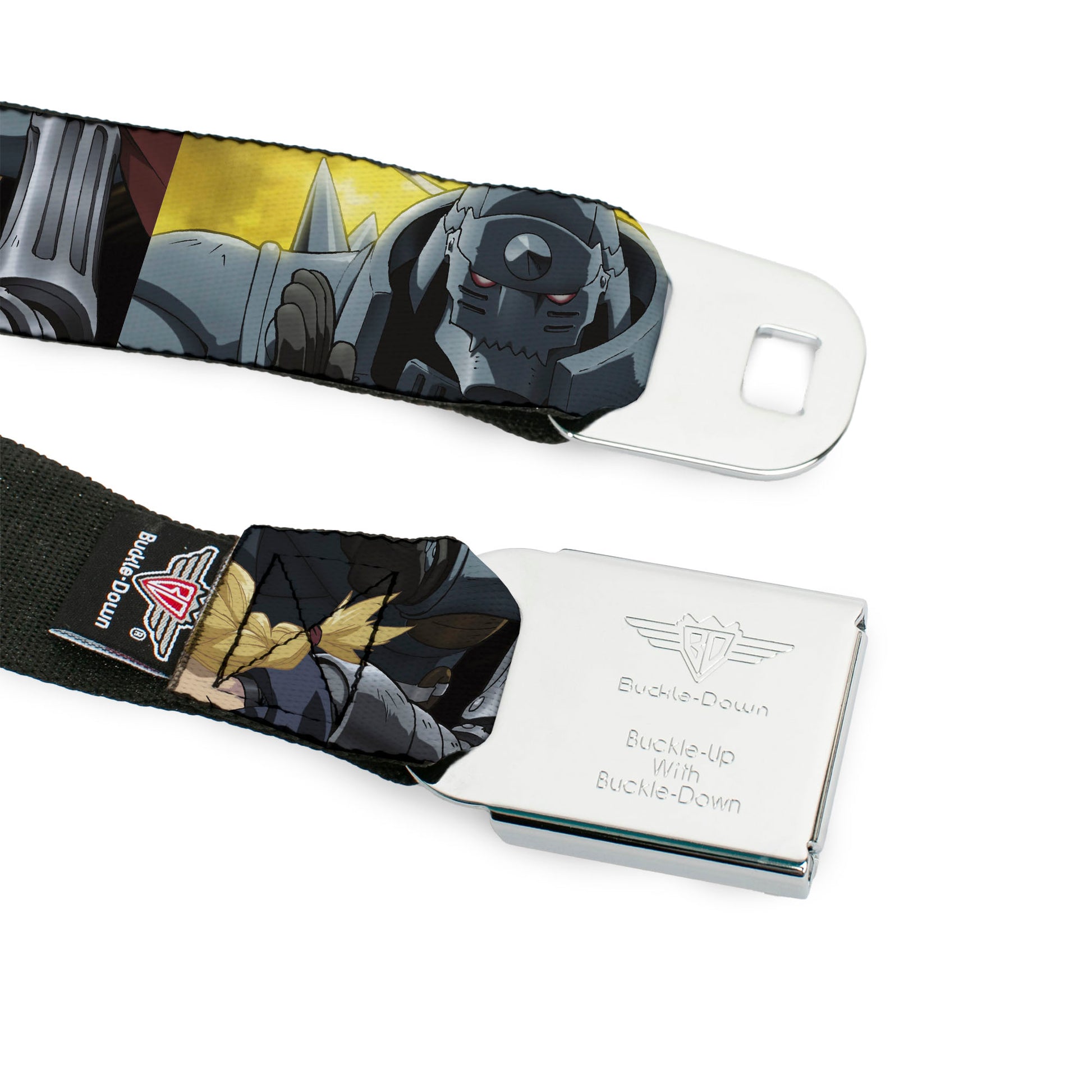 FULLMETAL ALCHEMIST BROTHERHOOD Title Logo Full Color Black Seatbelt Belt - Fullmetal Alchemist Brotherhood Elric Brothers Pose Blocks Webbing Seatbelt Belts Fullmetal Alchemist