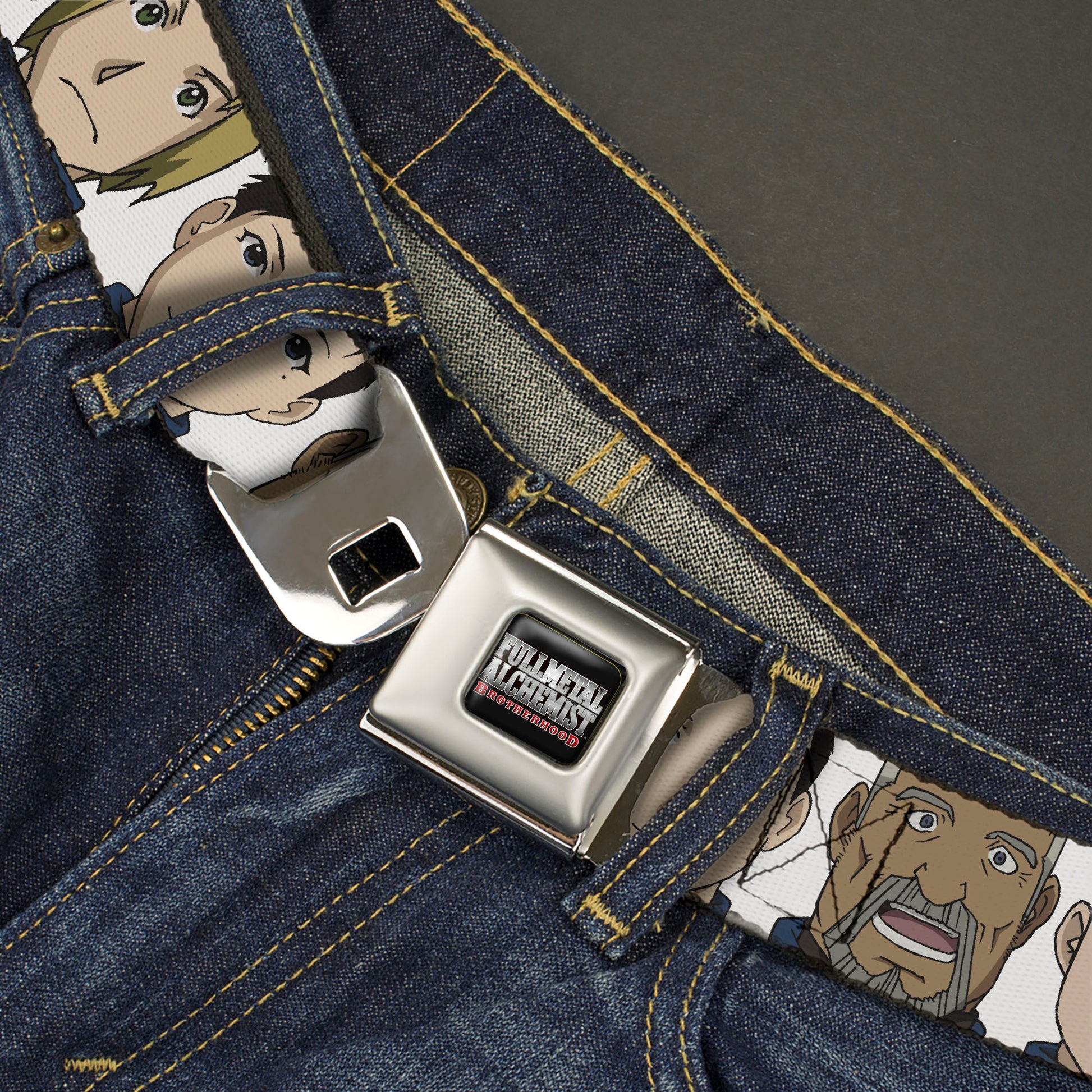 FULLMETAL ALCHEMIST BROTHERHOOD Title Logo Full Color Black Seatbelt Belt - Fullmetal Alchemist Brotherhood Central Forces Military Personnel Faces White Webbing Seatbelt Belts Fullmetal Alchemist