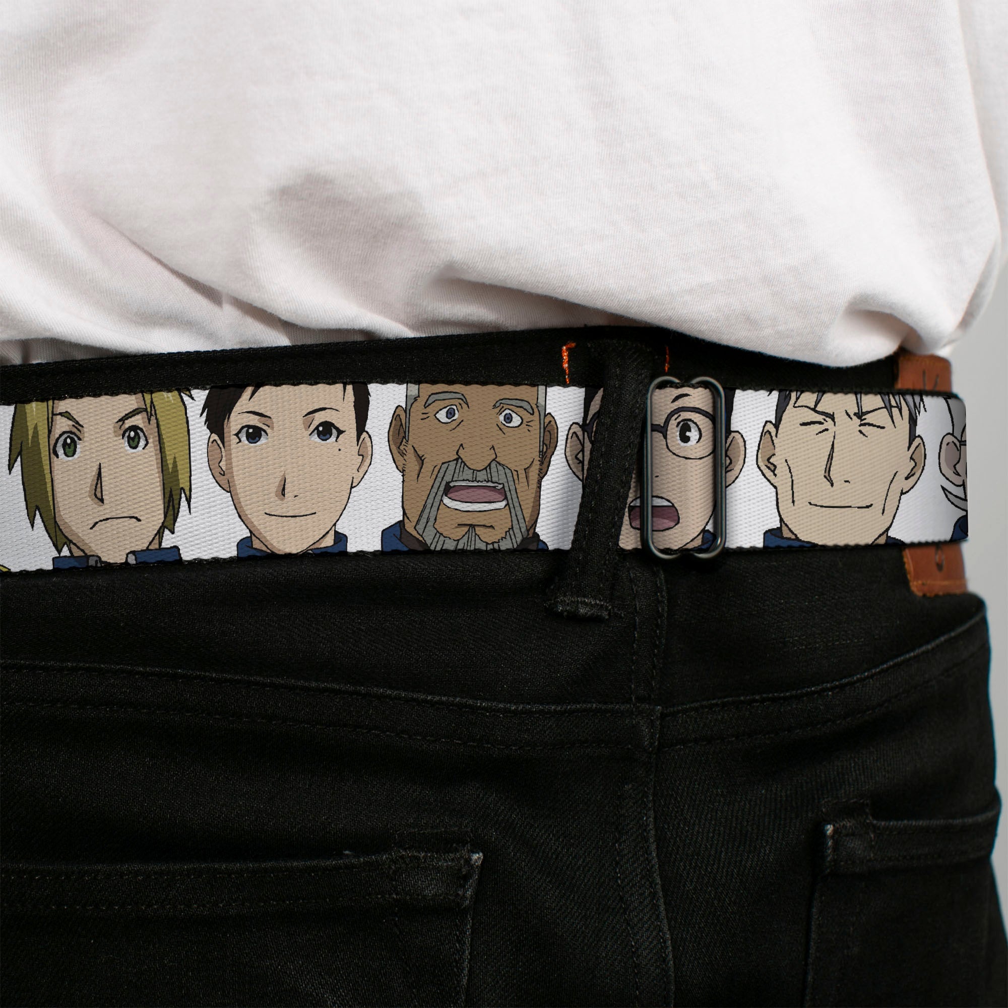 FULLMETAL ALCHEMIST BROTHERHOOD Title Logo Full Color Black Seatbelt Belt - Fullmetal Alchemist Brotherhood Central Forces Military Personnel Faces White Webbing Seatbelt Belts Fullmetal Alchemist