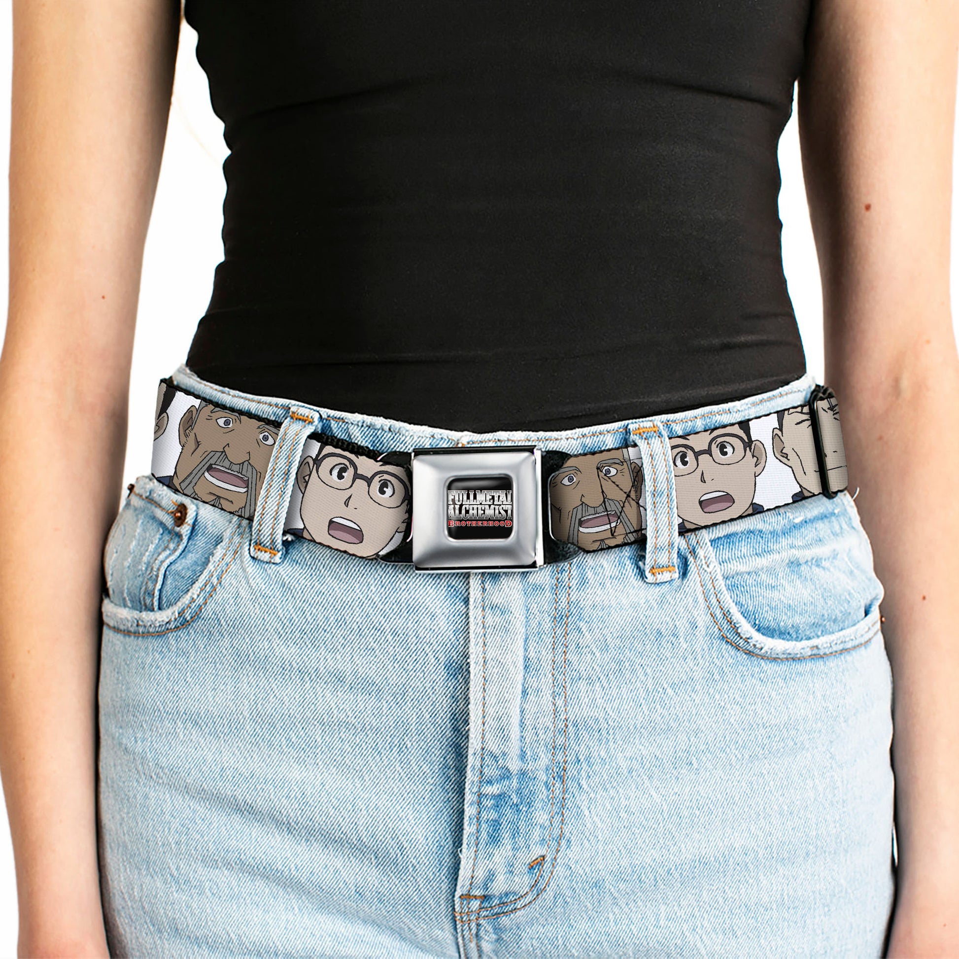 FULLMETAL ALCHEMIST BROTHERHOOD Title Logo Full Color Black Seatbelt Belt - Fullmetal Alchemist Brotherhood Central Forces Military Personnel Faces White Webbing Seatbelt Belts Fullmetal Alchemist
