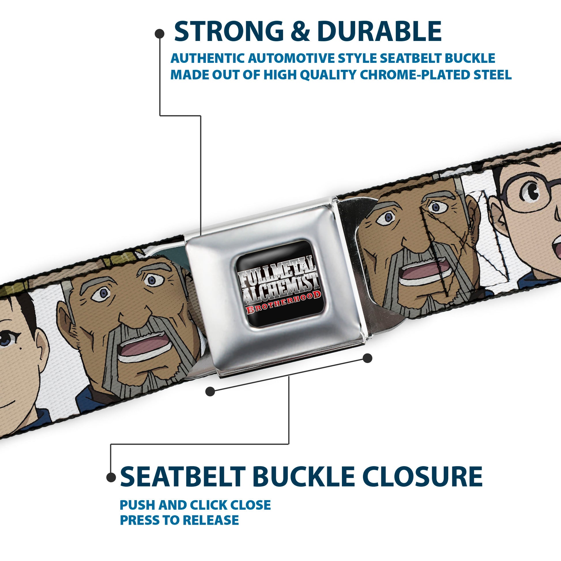 FULLMETAL ALCHEMIST BROTHERHOOD Title Logo Full Color Black Seatbelt Belt - Fullmetal Alchemist Brotherhood Central Forces Military Personnel Faces White Webbing Seatbelt Belts Fullmetal Alchemist