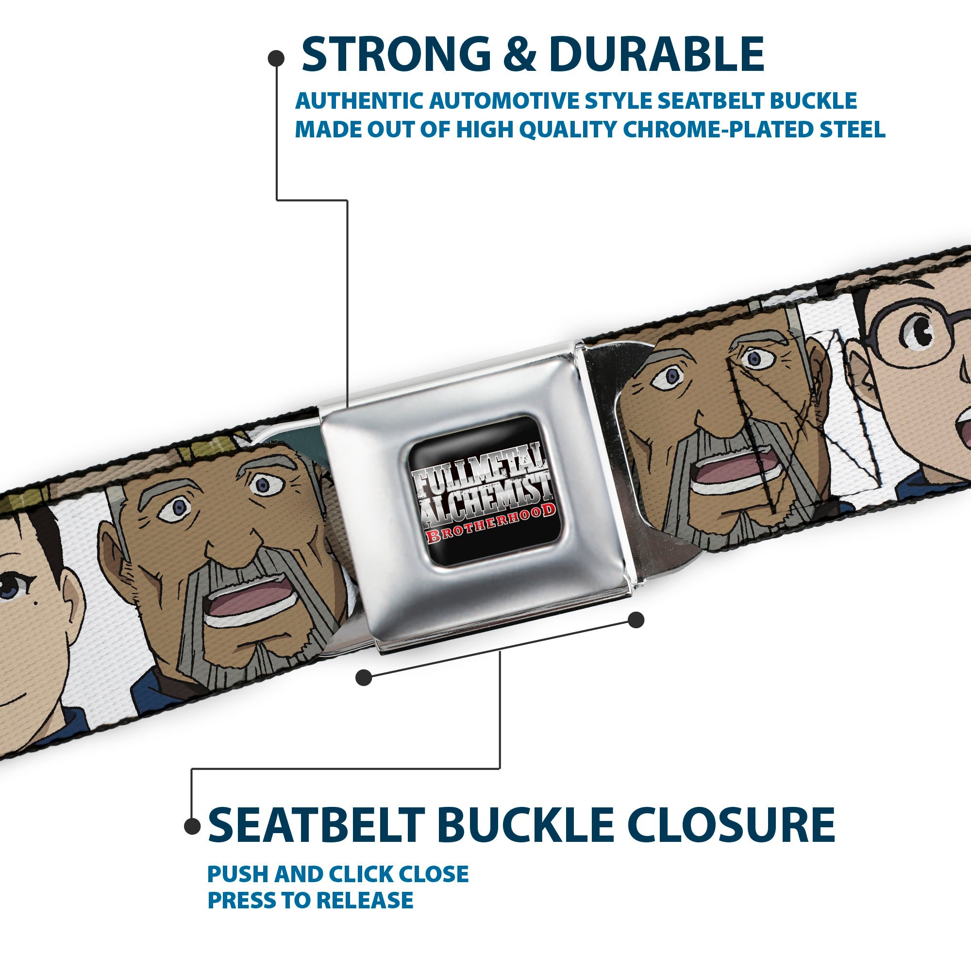 FULLMETAL ALCHEMIST BROTHERHOOD Title Logo Full Color Black Seatbelt Belt - Fullmetal Alchemist Brotherhood Central Forces Military Personnel Faces White Webbing Seatbelt Belts Fullmetal Alchemist