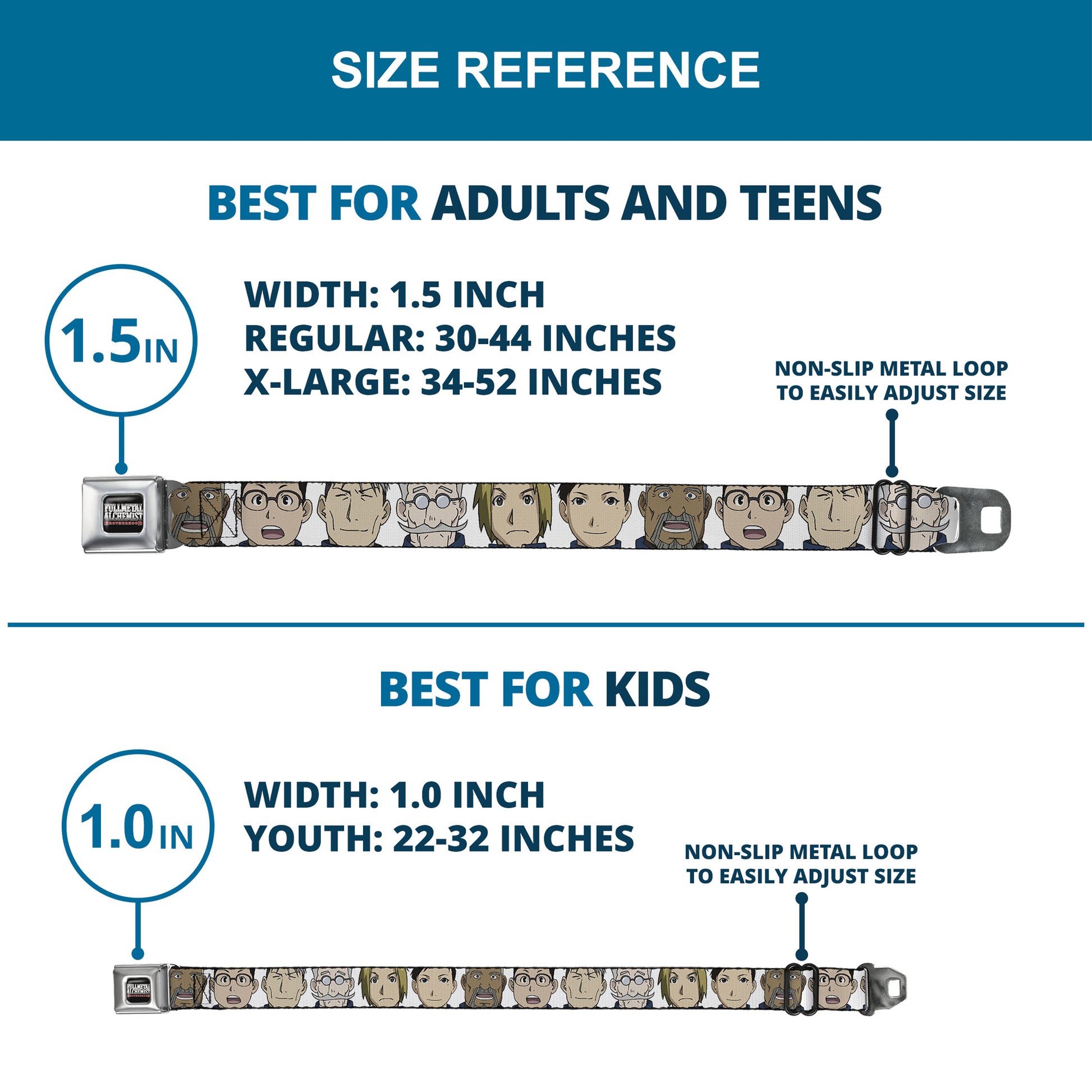 FULLMETAL ALCHEMIST BROTHERHOOD Title Logo Full Color Black Seatbelt Belt - Fullmetal Alchemist Brotherhood Central Forces Military Personnel Faces White Webbing Seatbelt Belts Fullmetal Alchemist