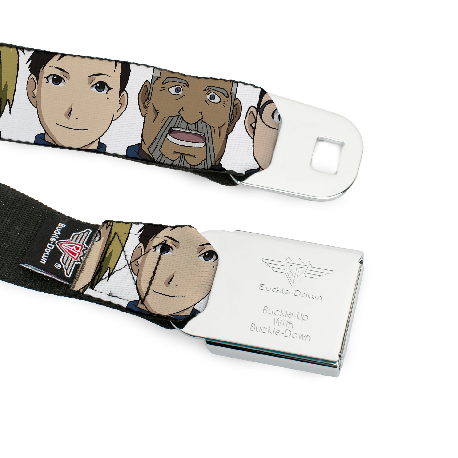 FULLMETAL ALCHEMIST BROTHERHOOD Title Logo Full Color Black Seatbelt Belt - Fullmetal Alchemist Brotherhood Central Forces Military Personnel Faces White Webbing Seatbelt Belts Fullmetal Alchemist