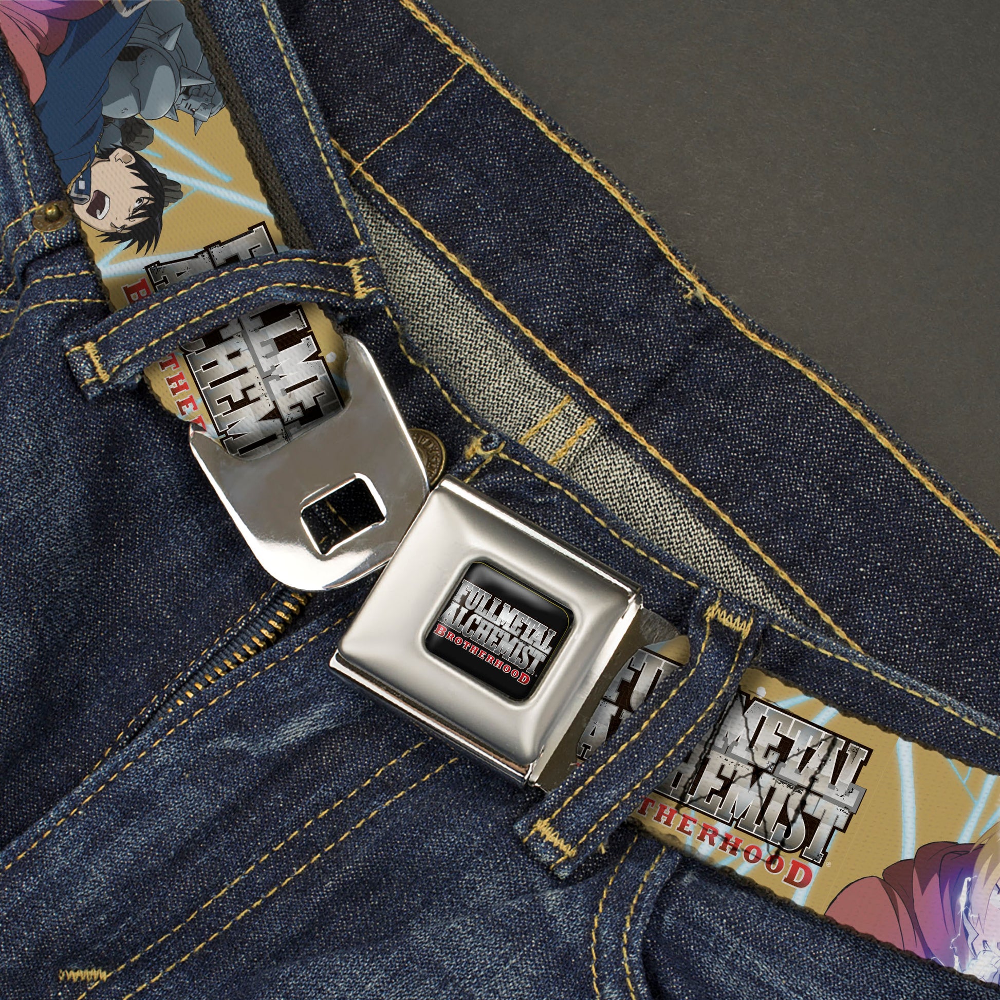 FULLMETAL ALCHEMIST BROTHERHOOD Title Logo Full Color Black Seatbelt Belt - Fullmetal Alchemist Brotherhood Elric Brothers and Roy Mustang Pose Yellows Webbing Seatbelt Belts Fullmetal Alchemist