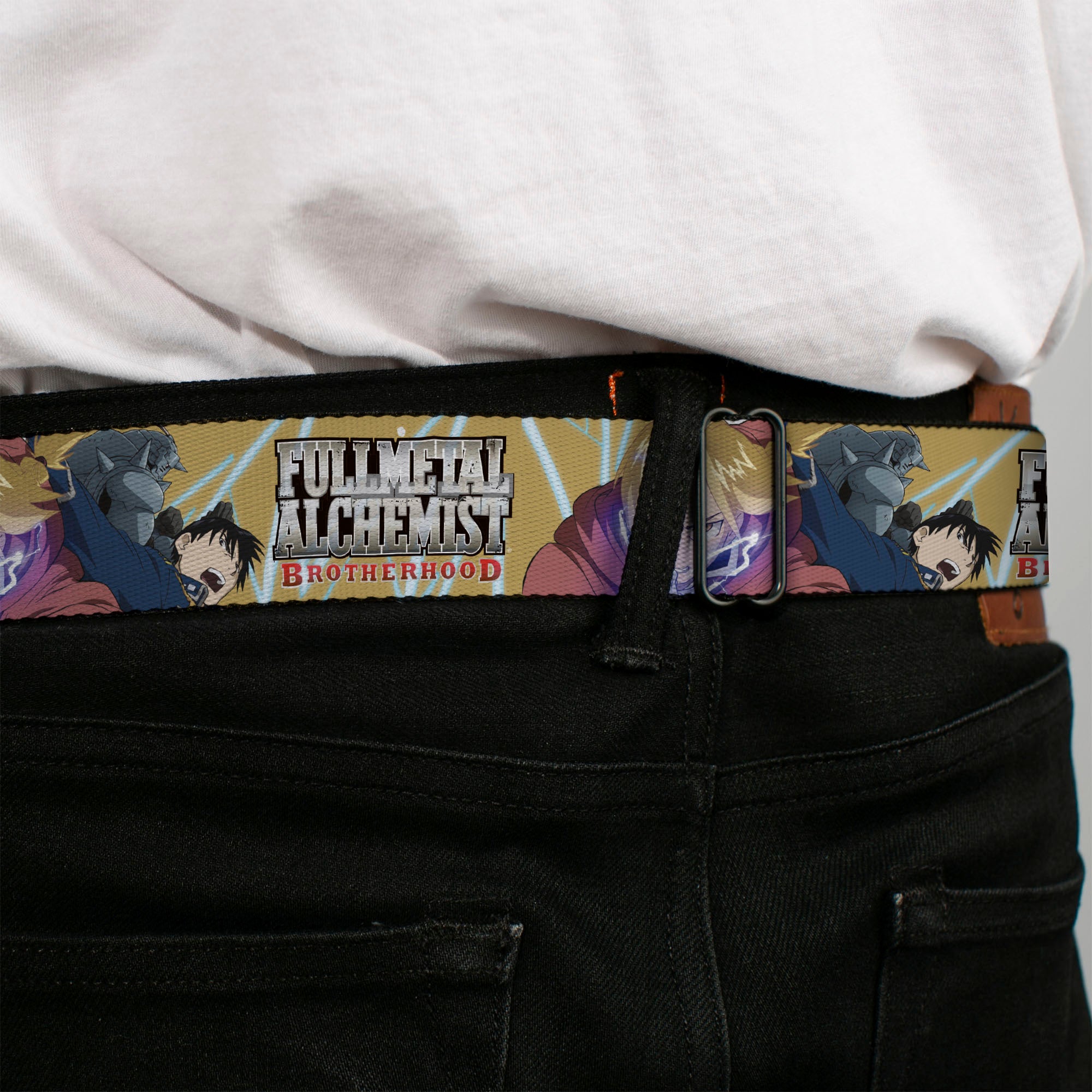 FULLMETAL ALCHEMIST BROTHERHOOD Title Logo Full Color Black Seatbelt Belt - Fullmetal Alchemist Brotherhood Elric Brothers and Roy Mustang Pose Yellows Webbing Seatbelt Belts Fullmetal Alchemist