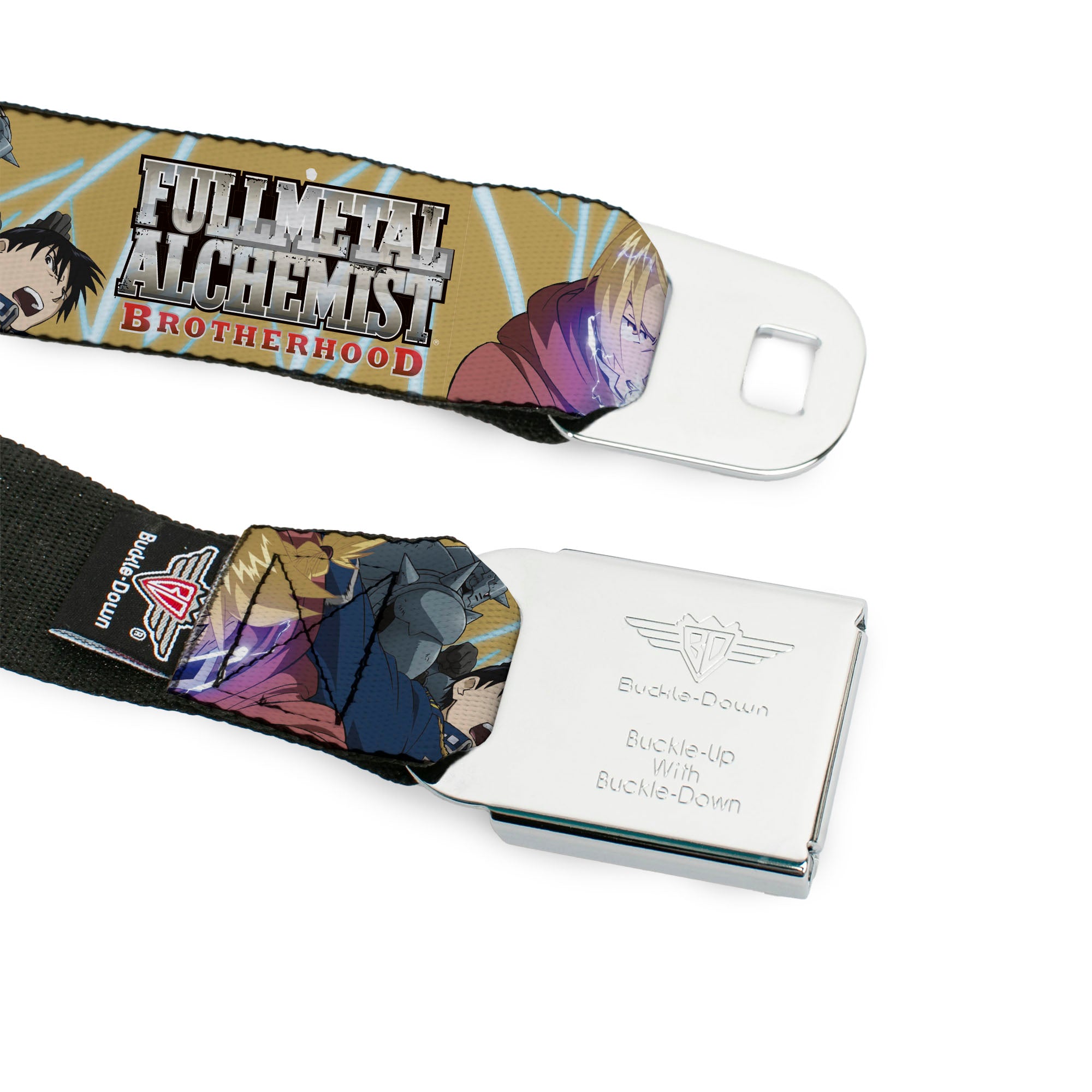 FULLMETAL ALCHEMIST BROTHERHOOD Title Logo Full Color Black Seatbelt Belt - Fullmetal Alchemist Brotherhood Elric Brothers and Roy Mustang Pose Yellows Webbing Seatbelt Belts Fullmetal Alchemist