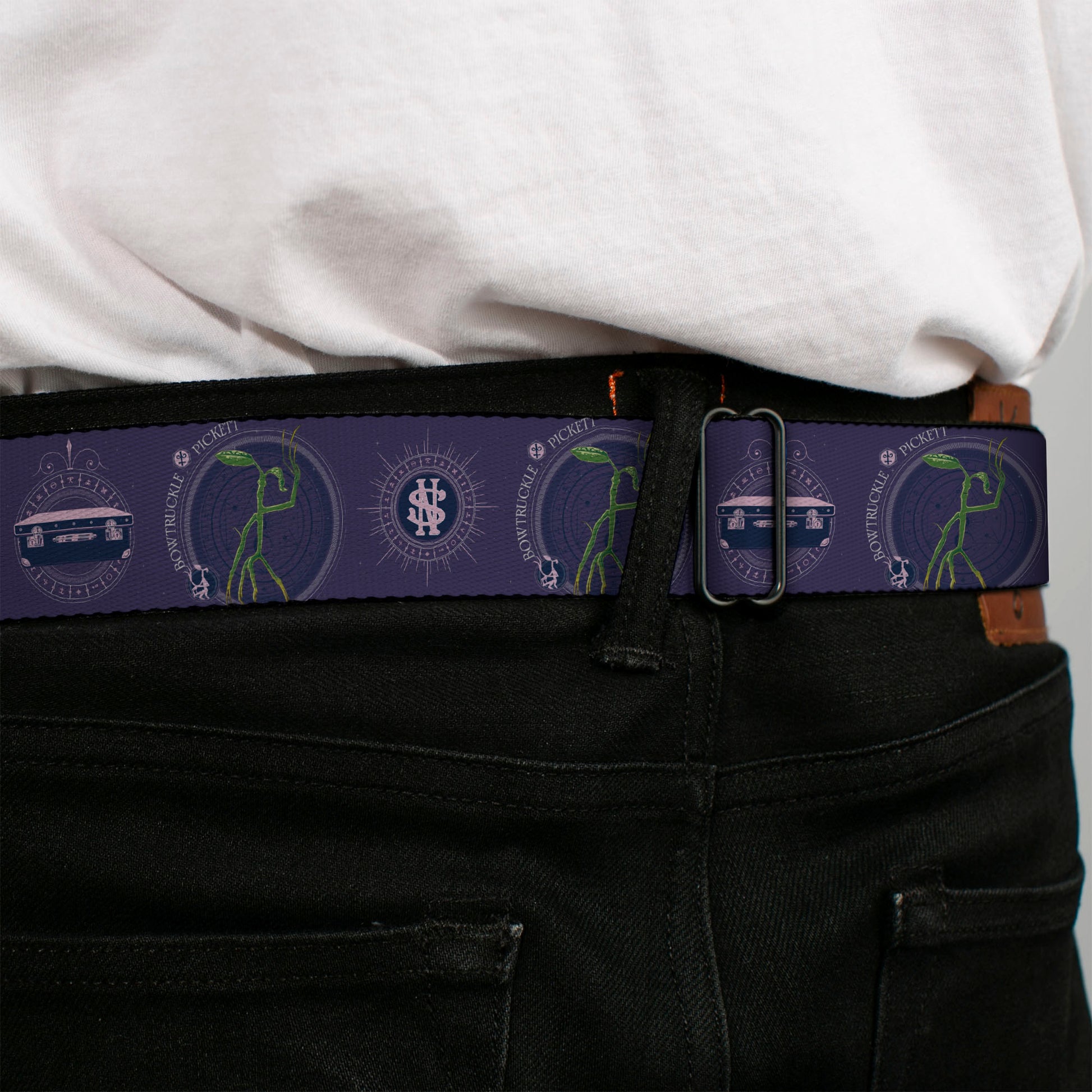FANTASTIC BEASTS THE CRIMES OF GRINDELWALD Logo Full Color Black/Silvers Seatbelt Belt - BOWTRUCKLE PICKETT Pose/Icons Purples/Blues/White Webbing Seatbelt Belts Fantastic Beasts and Where to Find Them