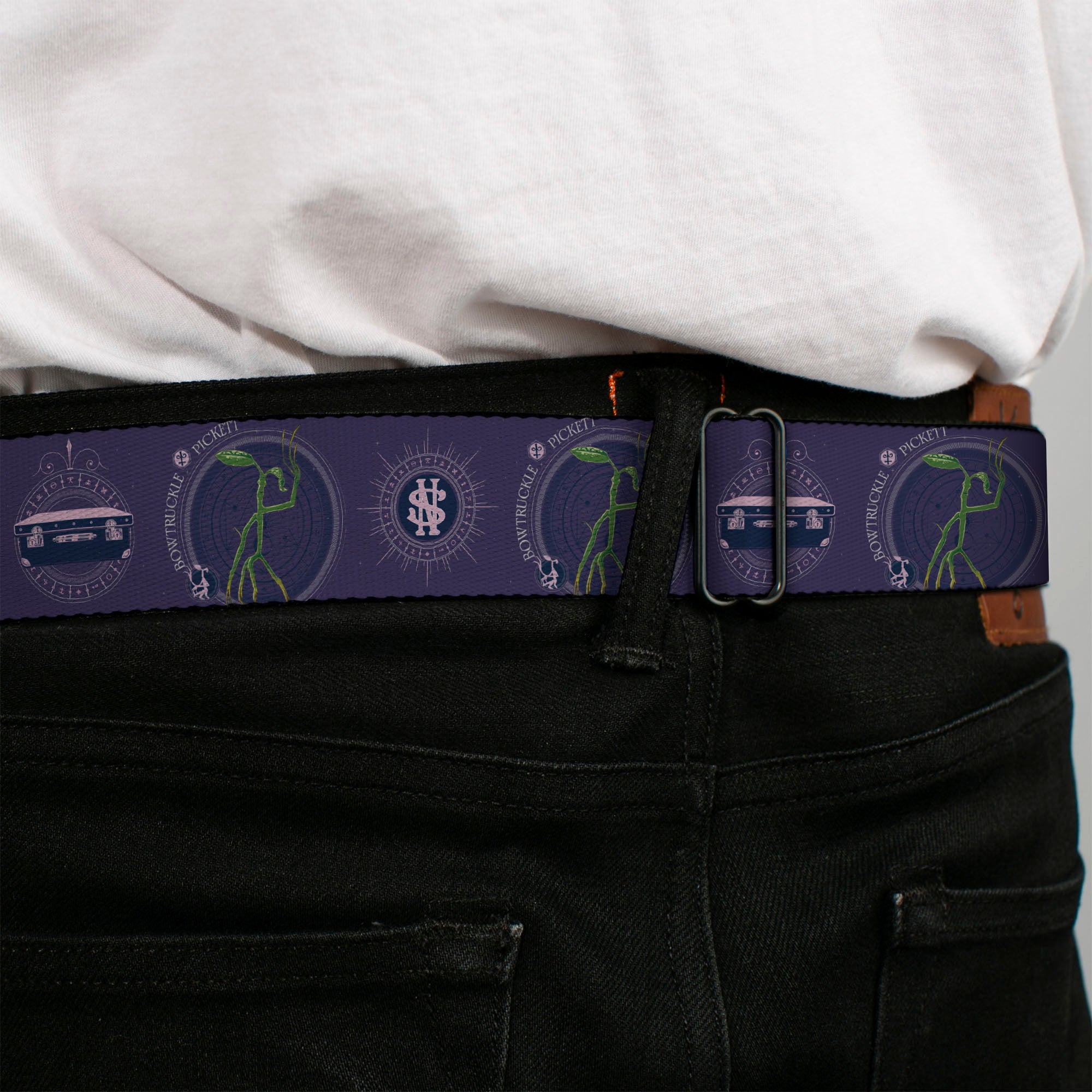 FANTASTIC BEASTS THE CRIMES OF GRINDELWALD Logo Full Color Black/Silvers Seatbelt Belt - BOWTRUCKLE PICKETT Pose/Icons Purples/Blues/White Webbing Seatbelt Belts Fantastic Beasts and Where to Find Them