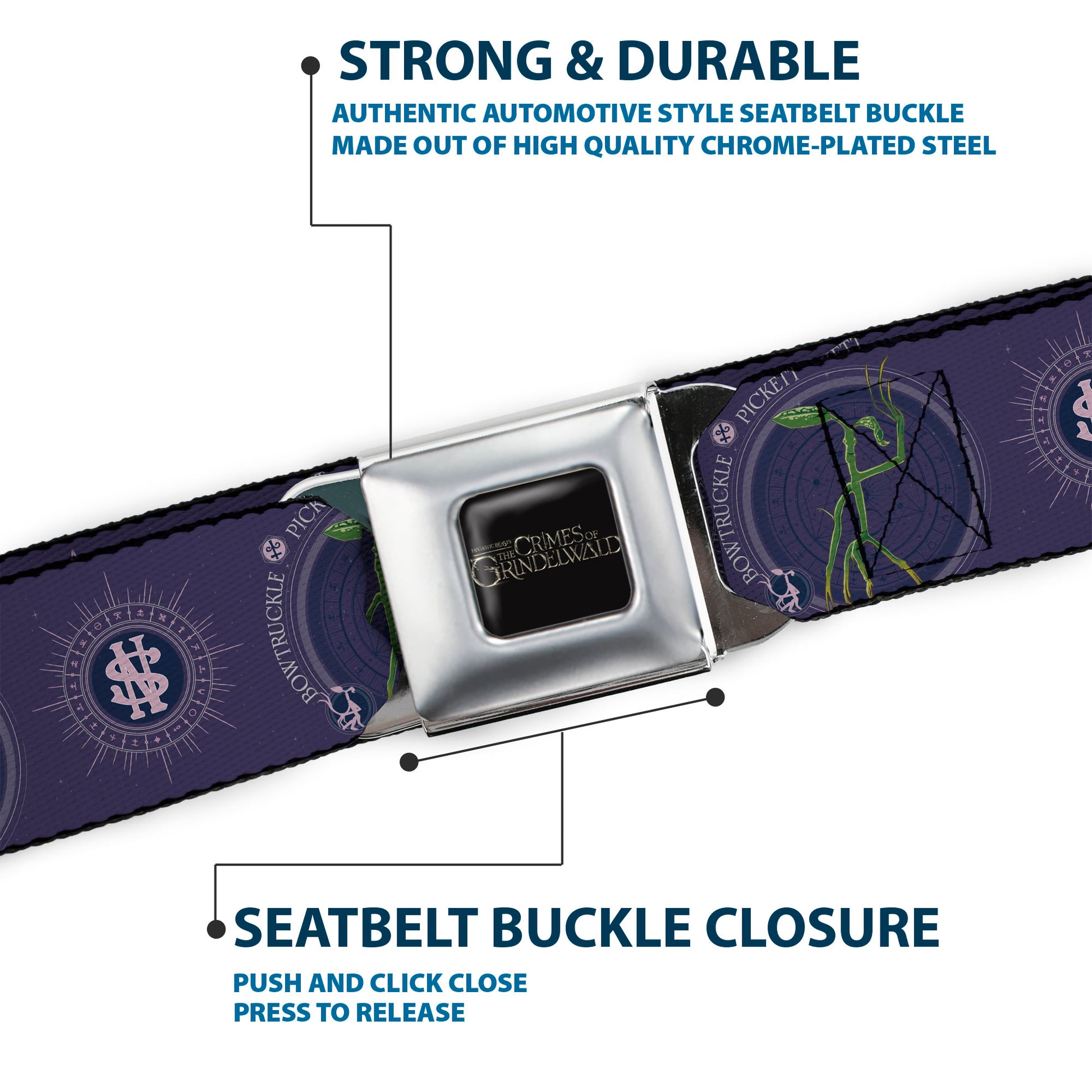 FANTASTIC BEASTS THE CRIMES OF GRINDELWALD Logo Full Color Black/Silvers Seatbelt Belt - BOWTRUCKLE PICKETT Pose/Icons Purples/Blues/White Webbing Seatbelt Belts Fantastic Beasts and Where to Find Them