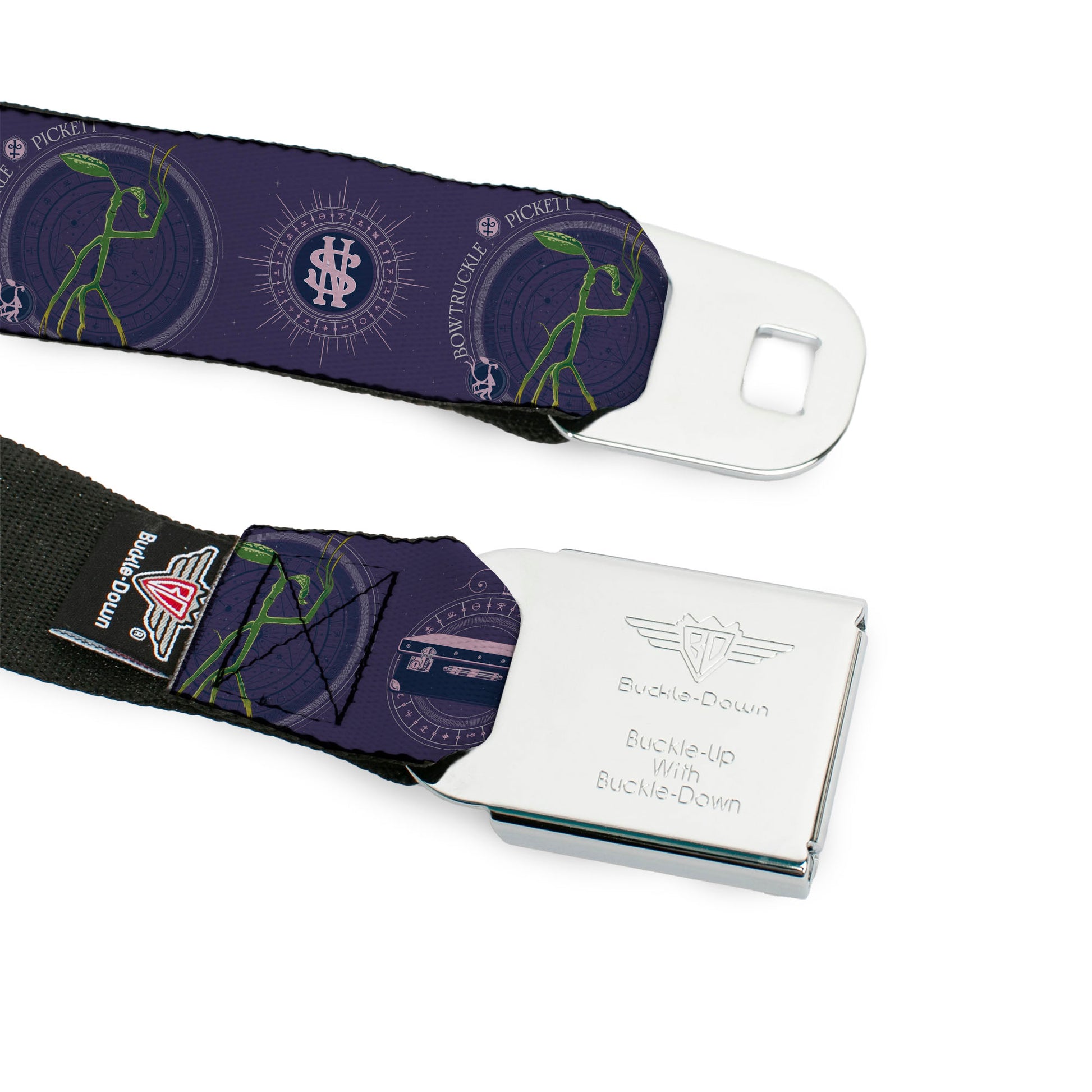 FANTASTIC BEASTS THE CRIMES OF GRINDELWALD Logo Full Color Black/Silvers Seatbelt Belt - BOWTRUCKLE PICKETT Pose/Icons Purples/Blues/White Webbing Seatbelt Belts Fantastic Beasts and Where to Find Them