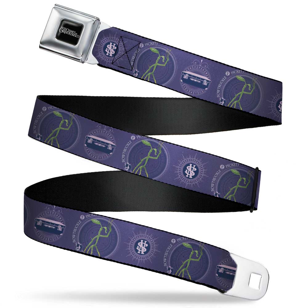FANTASTIC BEASTS THE CRIMES OF GRINDELWALD Logo Full Color Black/Silvers Seatbelt Belt - BOWTRUCKLE PICKETT Pose/Icons Purples/Blues/White Webbing Seatbelt Belts Fantastic Beasts and Where to Find Them