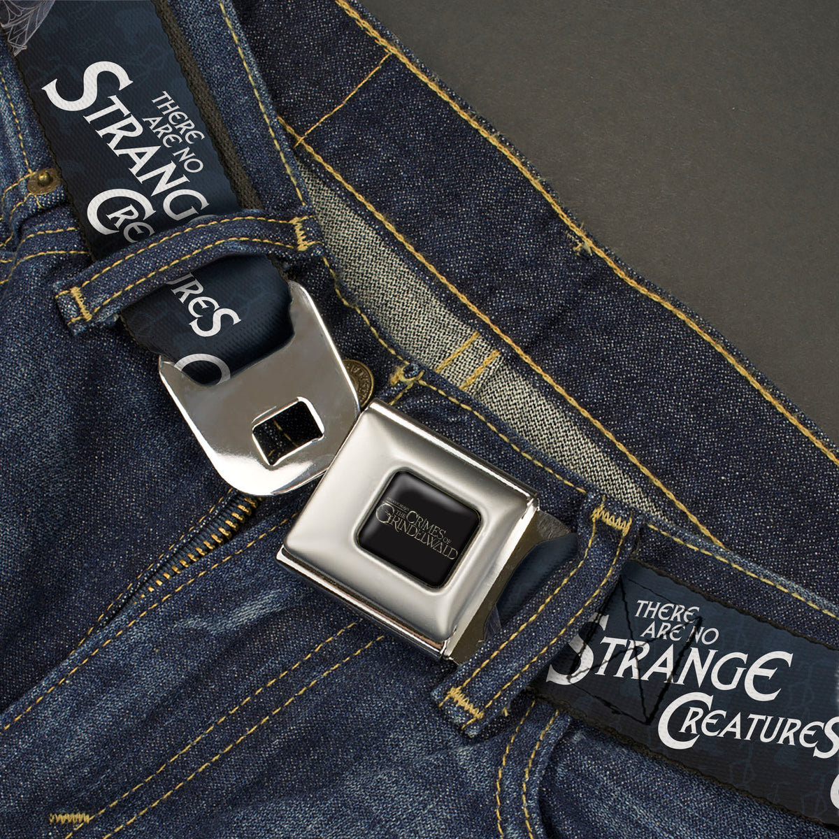 FANTASTIC BEASTS THE CRIMES OF GRINDELWALD Logo Full Color Black/Silvers Seatbelt Belt - Pickett & Niffler Pose THERE ARE NO STRANGE CREATURES ONLY BLINKERED PEOPLE Blues/White Webbing Seatbelt Belts Fantastic Beasts and Where to Find Them
